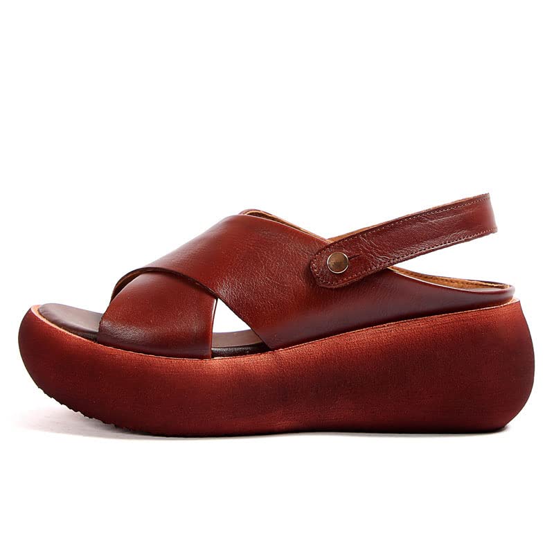 FXDN Women's Handmade Genuine Leather Wedge Sandals - Open Toe Casual Platform Summer Shoes (Auburn, Size 7.5) | Perfect for Beach Vacations, Date Nights & Summer Outings