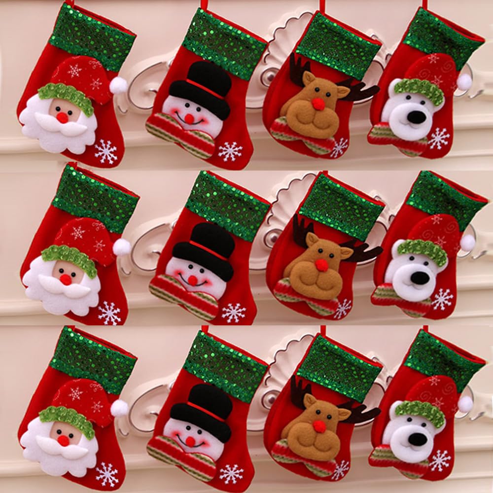 YELAIVP Mini Christmas Stockings - 12 Pack 3D Plush Holiday Decor (Santa, Snowman, Reindeer, Bear) - 6.3 Inch Red Xmas Tree Ornaments for Fireplace Mantel, Gift Bags & Festive Home Decor