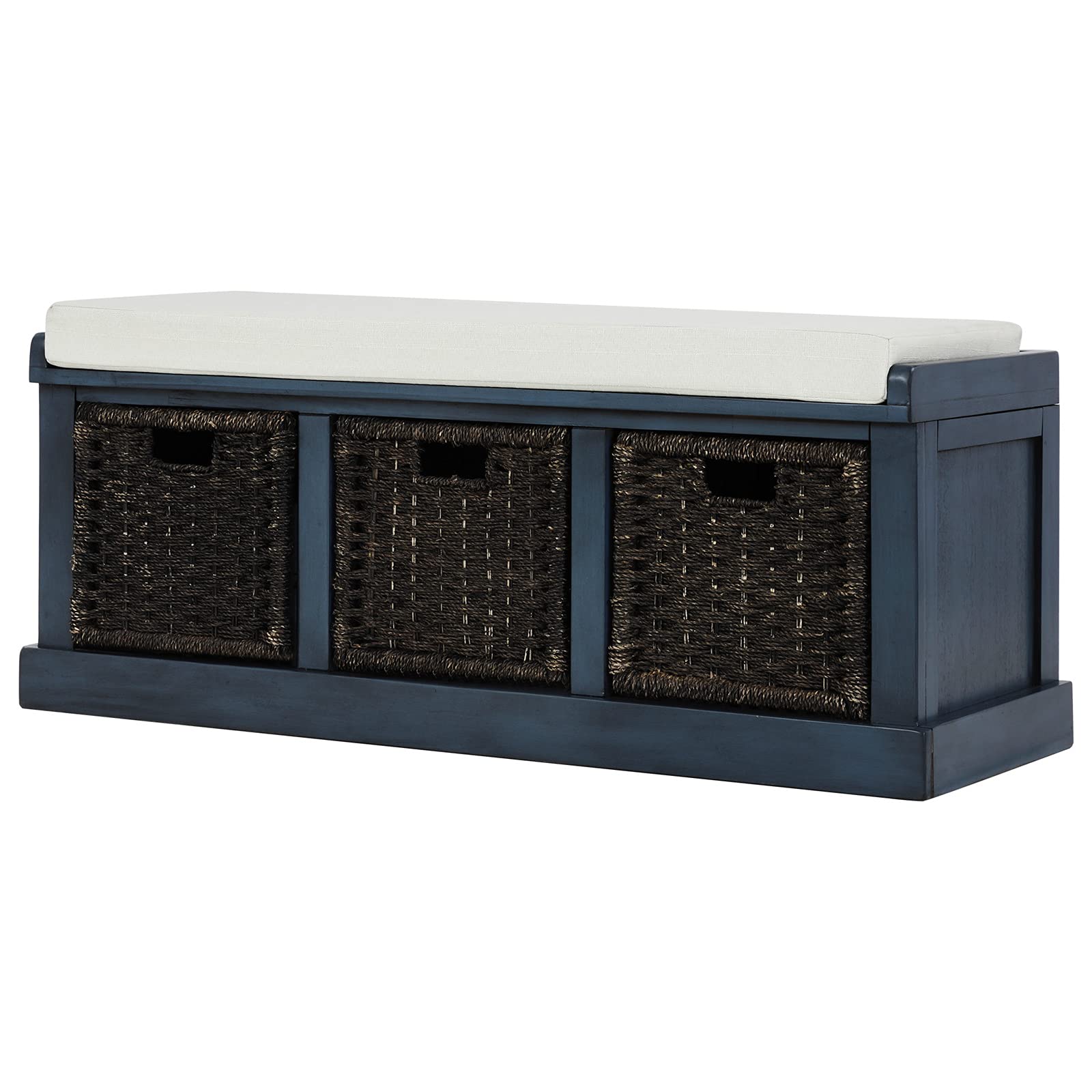 VERYKE Entryway Storage Bench with Removable Cushion & 3 Rattan Baskets - Shoe Bench with Hollow Handle for Living Room, Bedroom, Hallway (Antique Navy) | Perfect for Small Space Organization & Entryway Decor