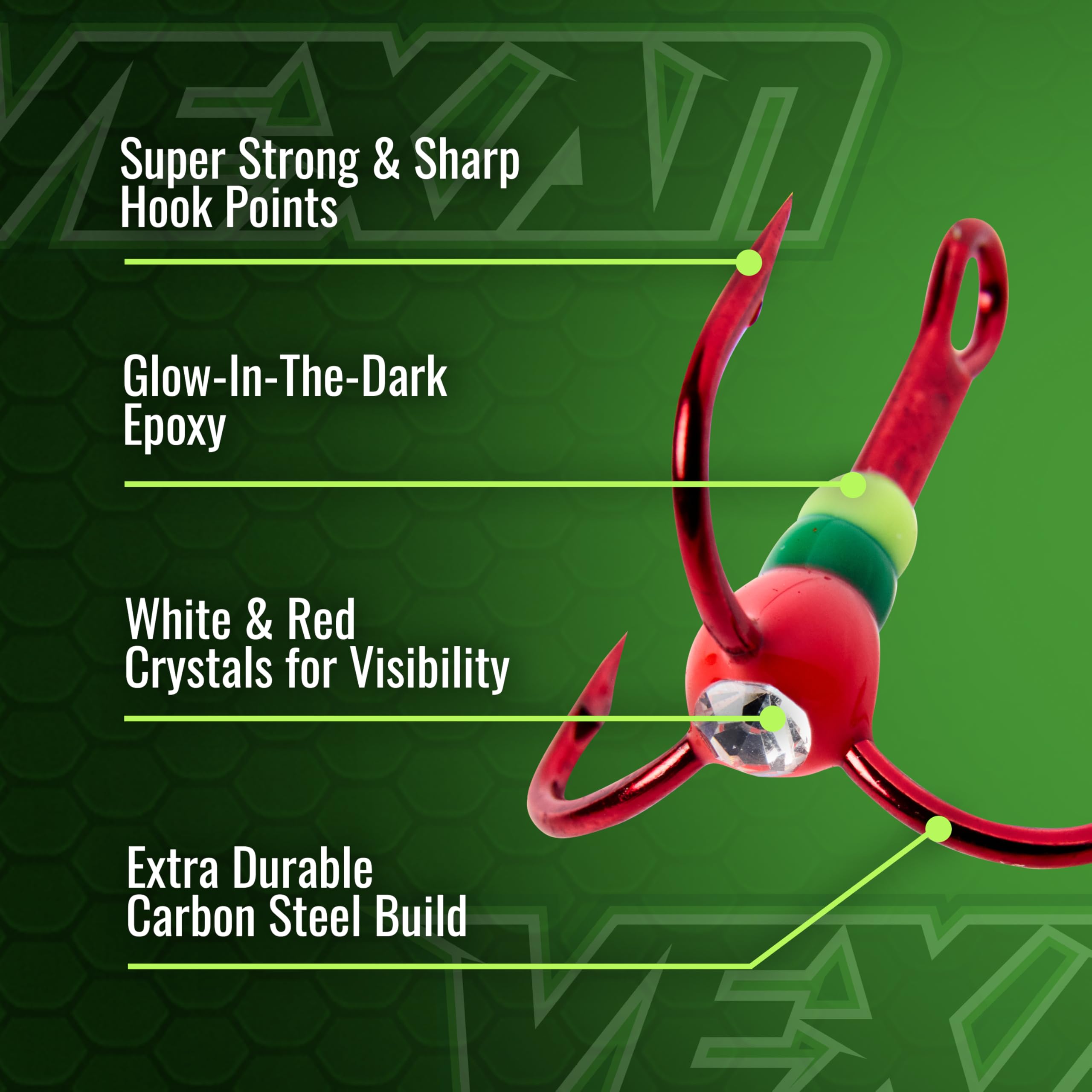 Vexan Glow Crystal Treble Fishing Hooks - High Carbon Steel Saltwater & Freshwater Hooks - Ultra Sharp & Durable for Bass, Trout, Salmon - Perfect for Night Fishing & Deep Sea Angling