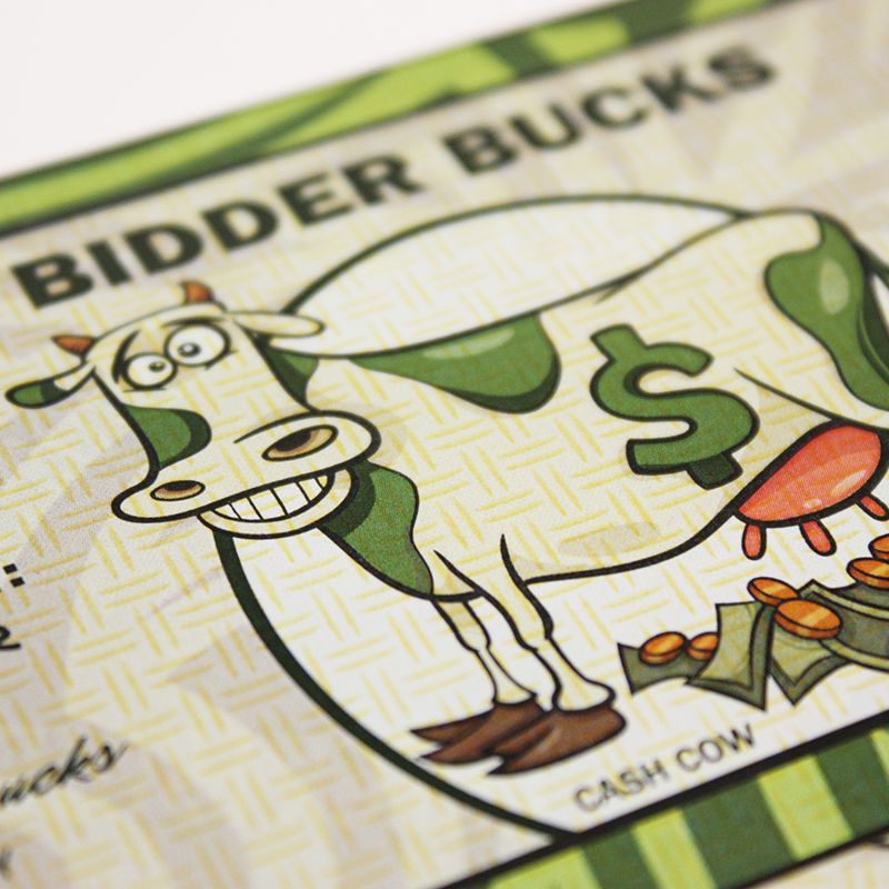Cash Cow Bidder Bucks - 100 Fake Money Bills/Pack (7 Denominations) - Perfect for Auctions, Classroom Rewards & Board Games