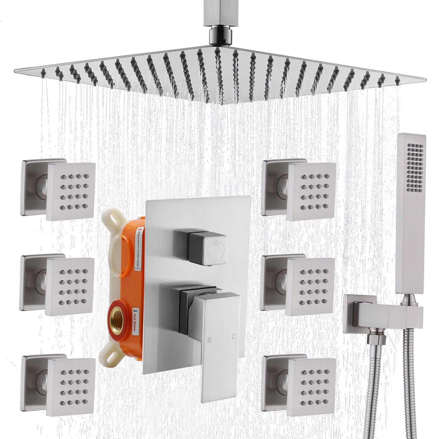 Enga 12 Inch Ceiling Mounted Rain Shower System with Body Jets & Handheld Spray - Brushed Nickel Brass Full Body Massage Spa Shower Set with Rough-in Valve for Luxury Bathroom & Spa Experience