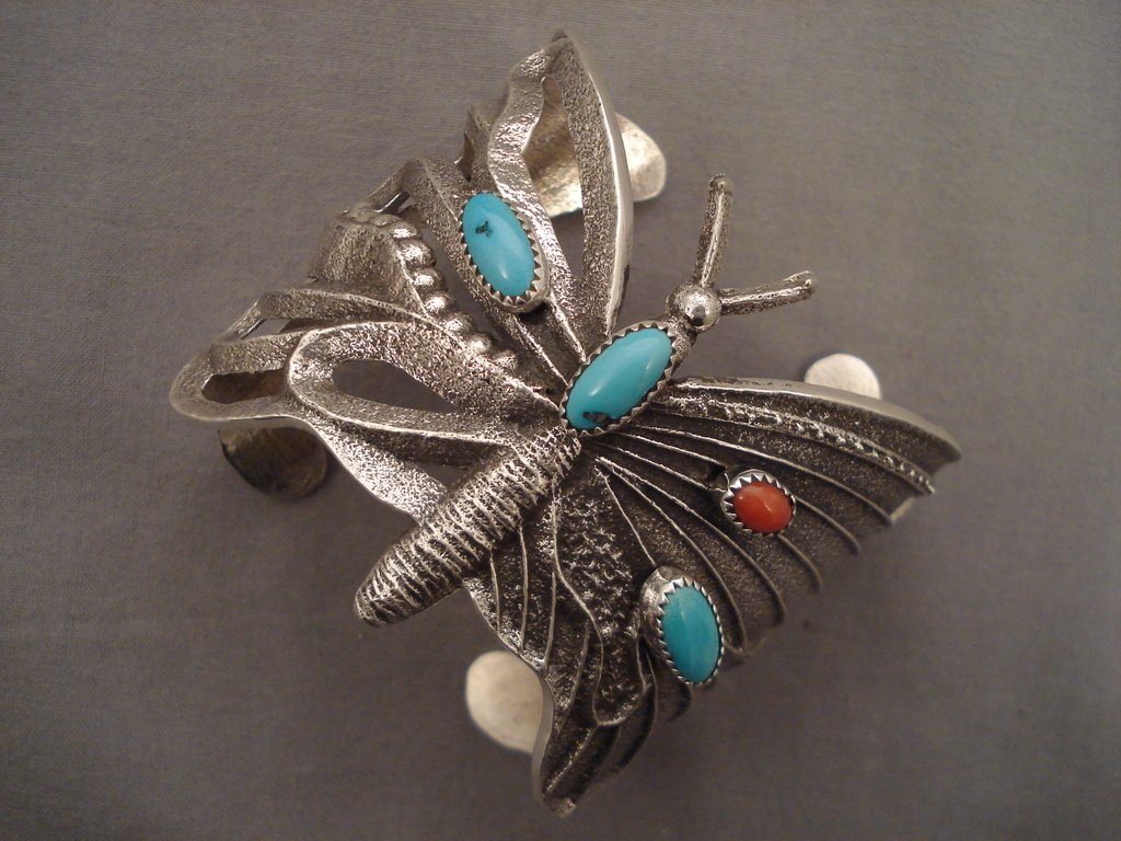 Authentic Navajo Turquoise Coral Silver Bracelet - 106g Butterfly Cuff Native American Jewelry for Women - Perfect for Boho Fashion, Festivals & Special Occasions