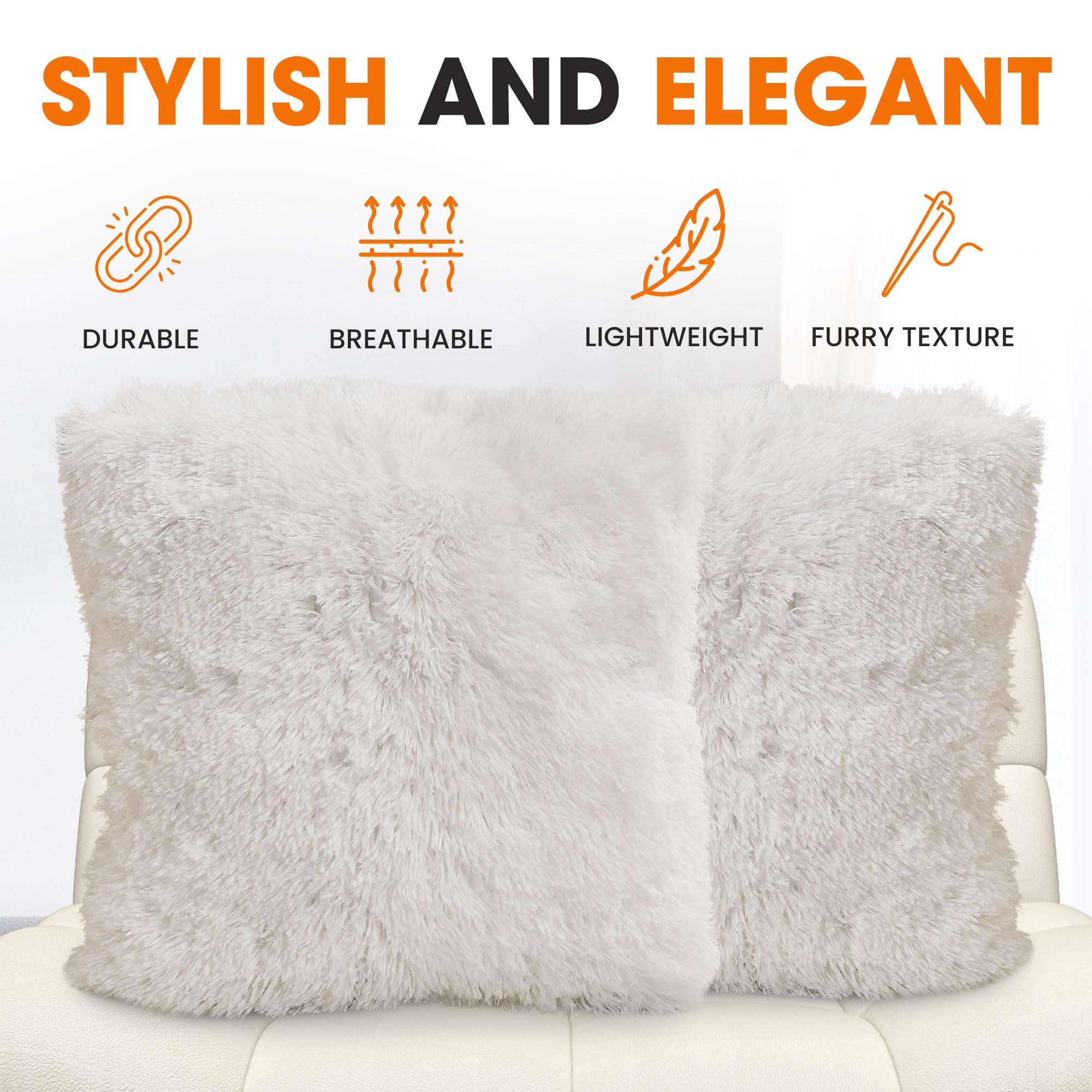 Soft Shaggy Faux Fur Throw Pillows Set of 2 (20x20 Inches) - Cozy Long Hair Decorative Cushions with Inserts for Sofa, Bed & Home Decor - Perfect for Living Room, Bedroom & Dorm - White