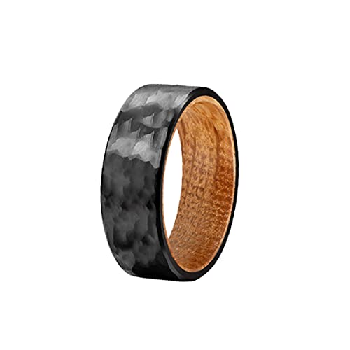 8mm Titanium Whiskey Barrel Wedding Band for Men - Hammered Black Wooden Ring - Unique Wood & Metal Mens Jewelry - Perfect for Grooms, Anniversaries & Whiskey Lovers