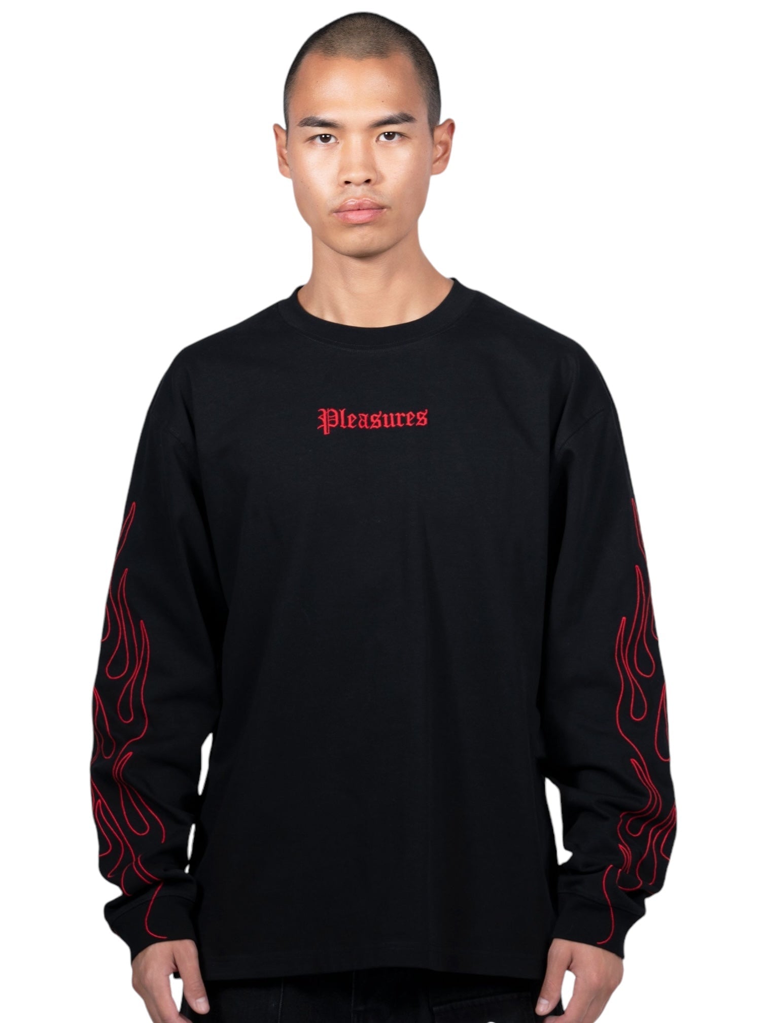 Pleasures Fiery Heavyweight Long Sleeve T-Shirt in Black | Comfortable Cotton Streetwear for Men & Women | Perfect for Casual Outfits, Concerts, and Urban Fashion