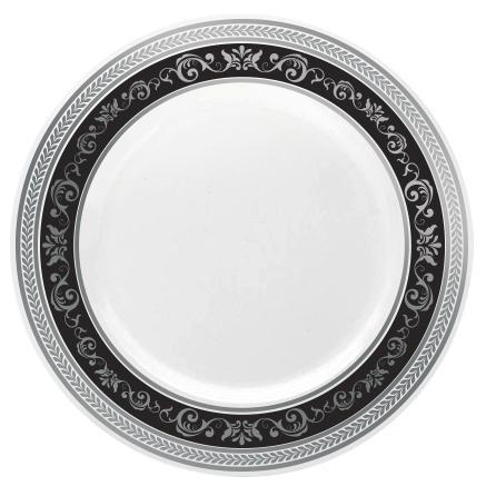 Royal Round Plastic Plates - 12-Pack Black & Silver Disposable Dinner Plates for Parties, Picnics, BBQs & Events - Durable & Elegant Tableware