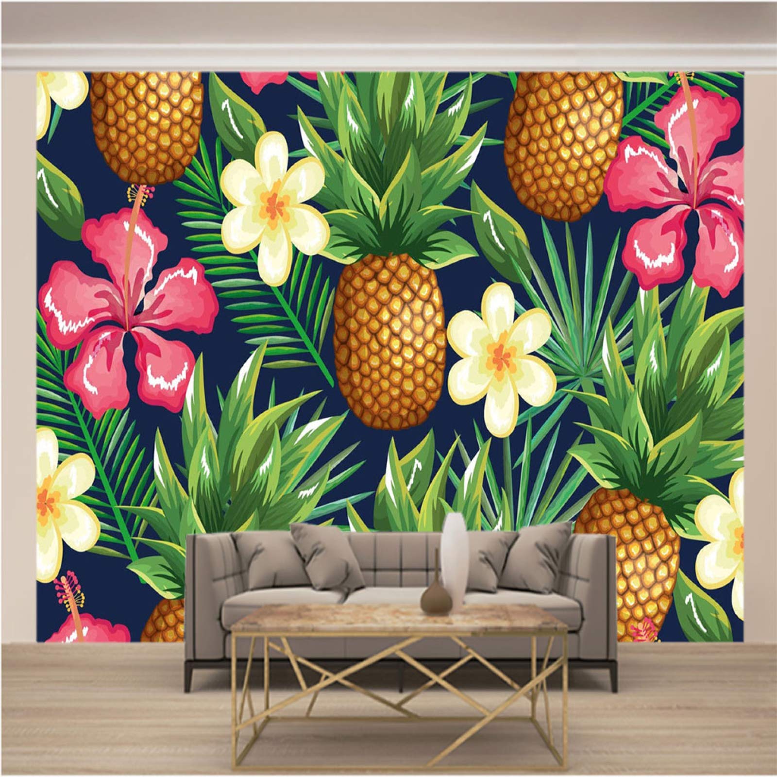 ZSZHI Cartoon Pineapple Flower Leaves TV Background Wallpaper - Removable Wall Murals for Living Room, Bedroom, Sofa Backdrop - Original Wall Decal Stickers Gift for Home Decor | Perfect for Nursery, Kids Room & Party Backgrounds