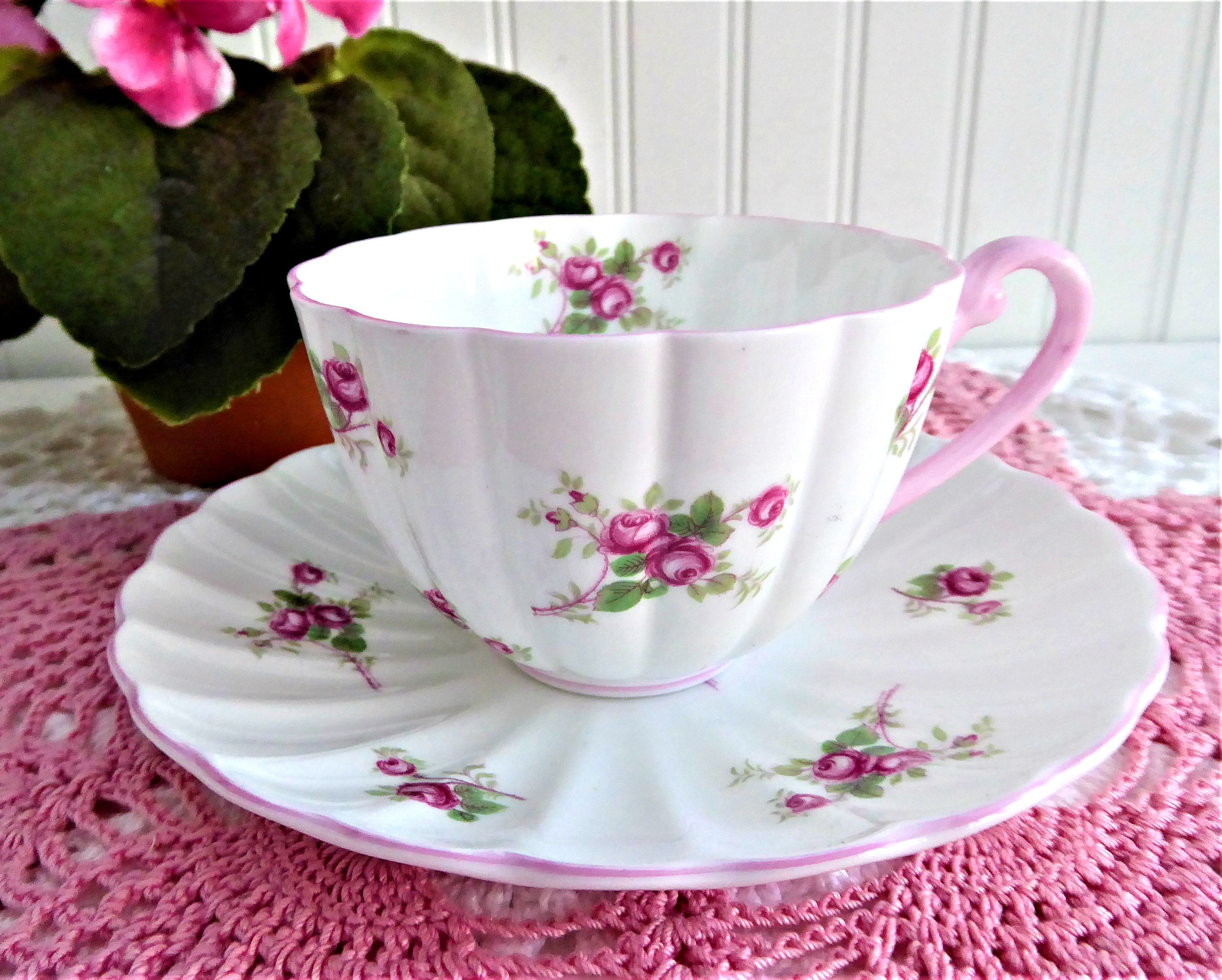 Vintage Shelley Rose Spray Cup and Saucer Set - Ludlow Shape with Pink Trim (1950s) - Perfect for Afternoon Tea, Collectible China, and Vintage Home Decor