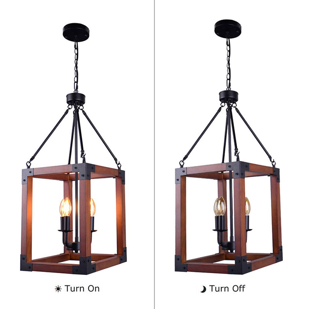 4-Light Solid Wood & Metal Chandelier - Rustic Retro Industrial Pendant Light with Geometric Square Design - Perfect for Bedroom, Dining Room & Living Room Ceiling Lighting | Farmhouse Decor & Modern Home Interior