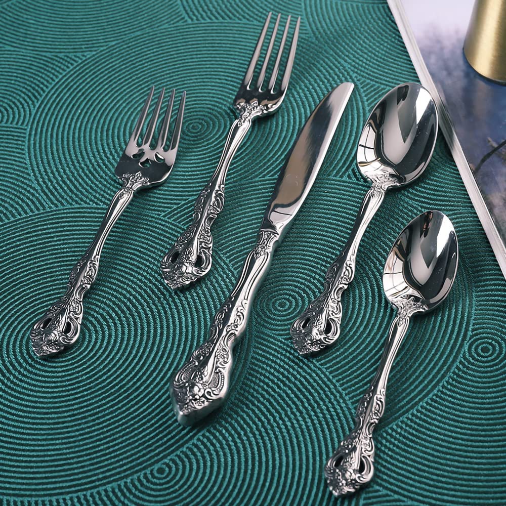 Premium 60-Piece Stainless Steel Silverware Set - European Palace Retro Style Flatware for 12 Place Settings - Dishwasher Safe Cutlery Set for Fine Dining, Wedding Registry & Home Entertaining
