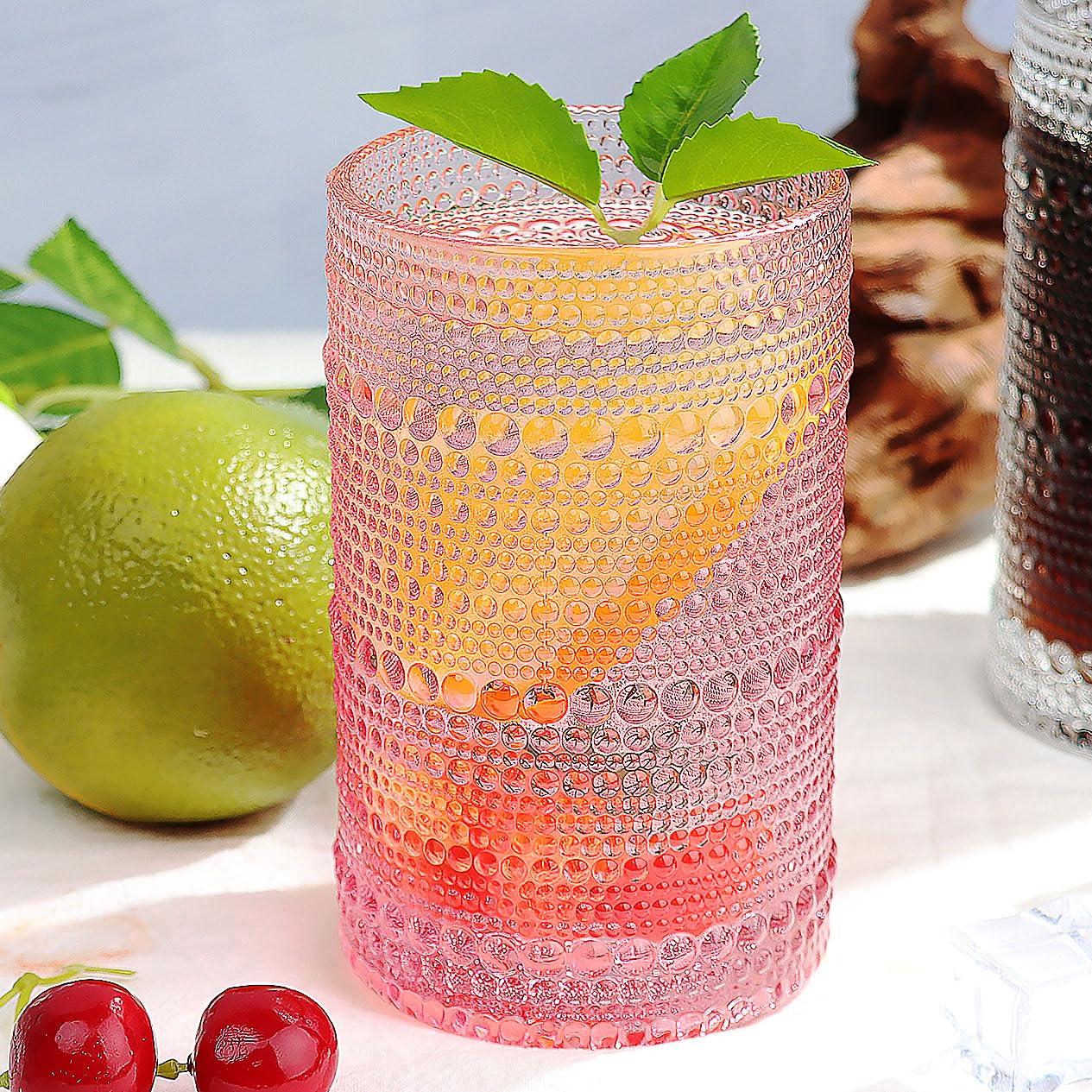 Vintage 13oz Pink Hobnail Drinking Glasses Set of 6 - Elegant Cocktail & Juice Cups for Parties, Weddings, and Home Decor