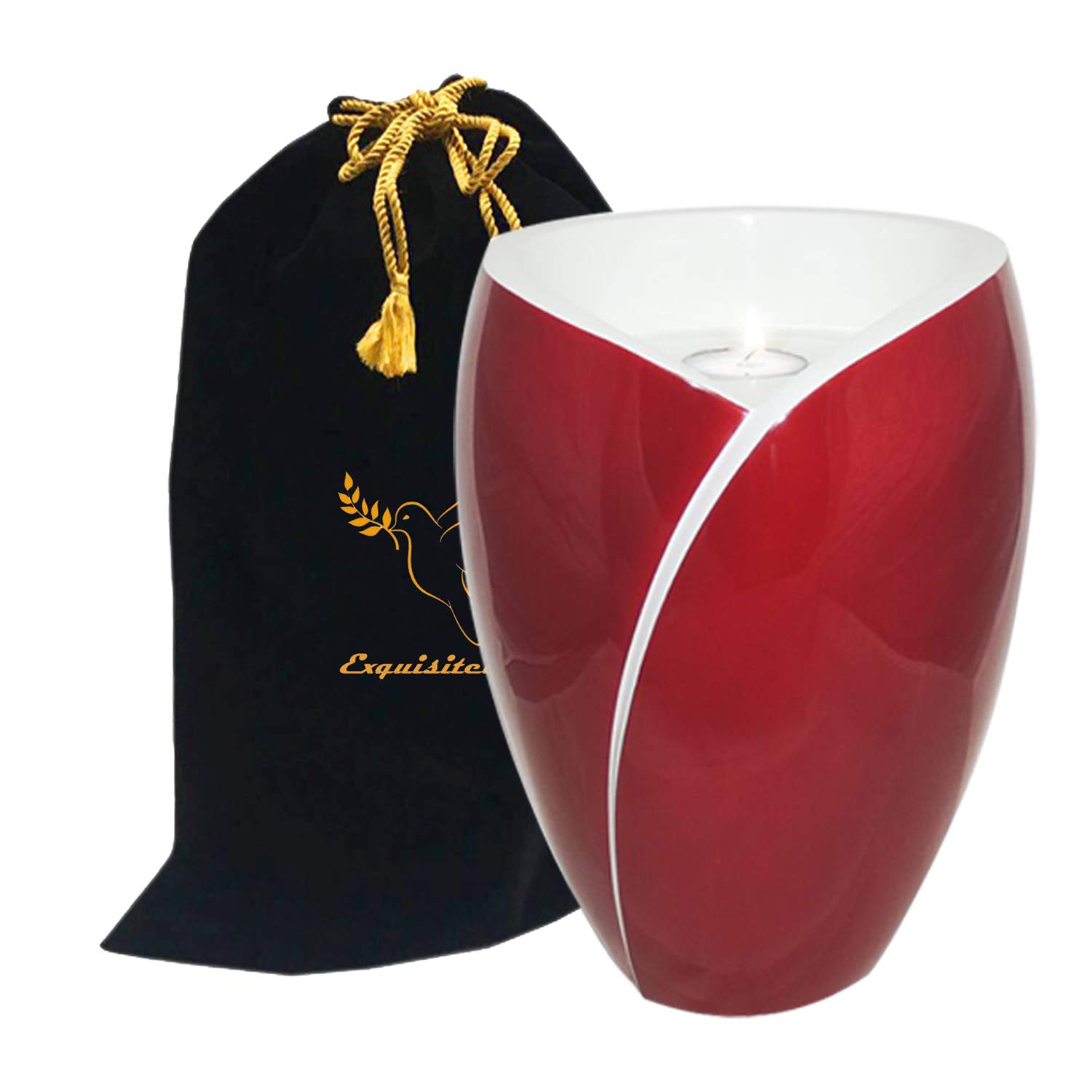 Handmade Fiberglass Cremation Urn for Adults - Lightweight Funeral Urn with Tea Light Holder - Ashes Urn for Memorial Services - Includes Free Velvet Bag & Ash Bag (Red & White) - Perfect for Home Memorials, Funeral Services & Scattering Ceremonies