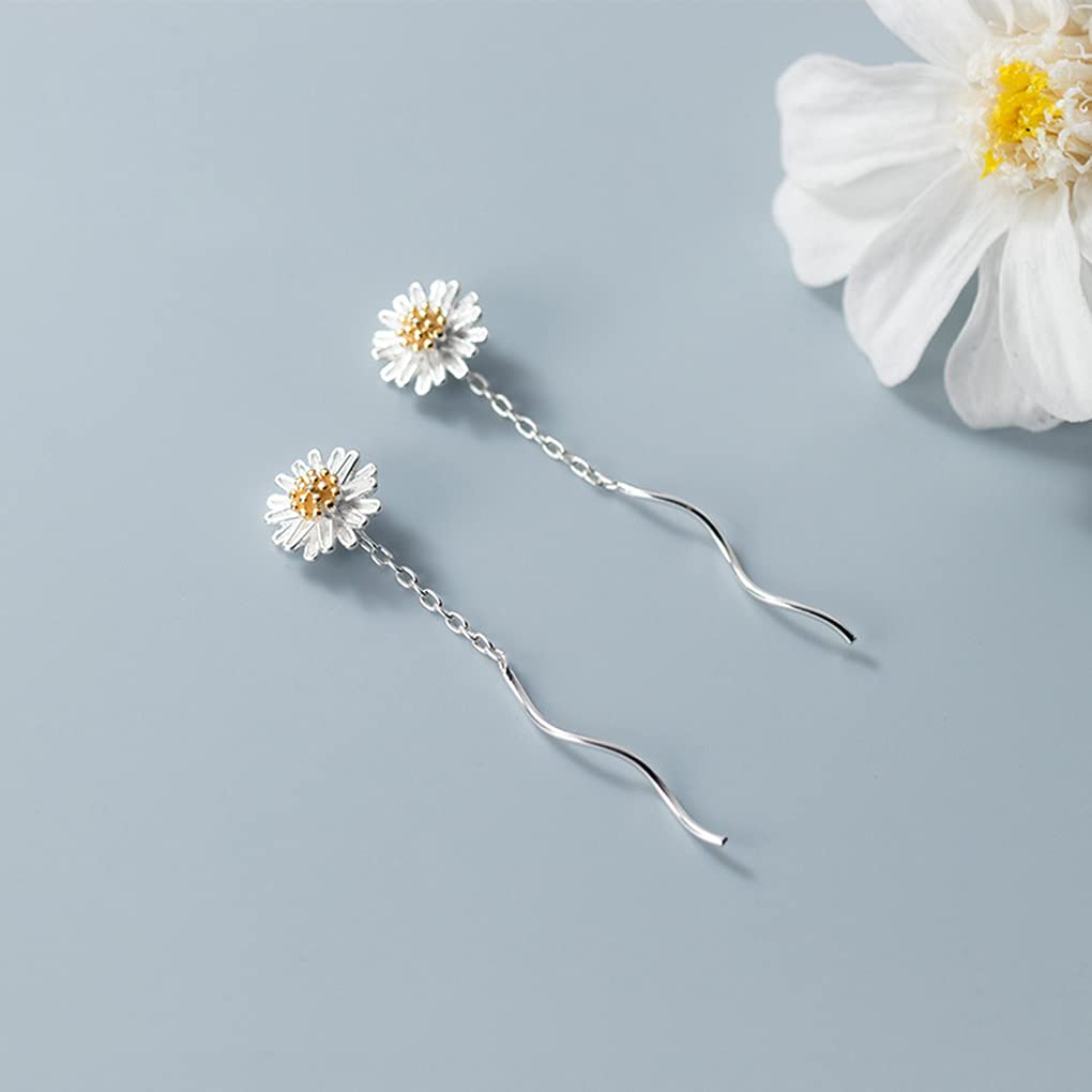 SLUYNZ 925 Sterling Silver Daisy Flower Drop Earrings for Women - Helix Threader Chain Wave Earrings - Elegant Mother's Day Gift for Her - Perfect for Weddings, Parties & Everyday Wear