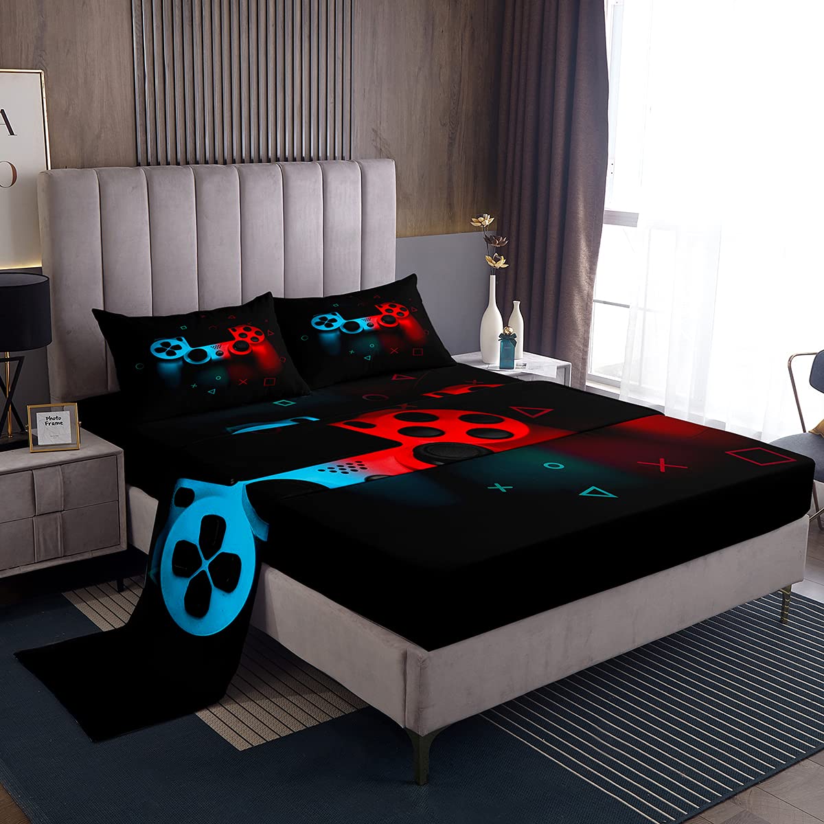 Retro Gaming Bedding Set for Boys - Twin Size Blue & Red Game Controller Printed Fitted Sheet, Flat Sheet & Pillowcase - Video Game Themed Bedroom Decor for Teens, Kids & Gamers - Perfect for Game Rooms, Sleepovers & Gaming Enthusiast Gifts