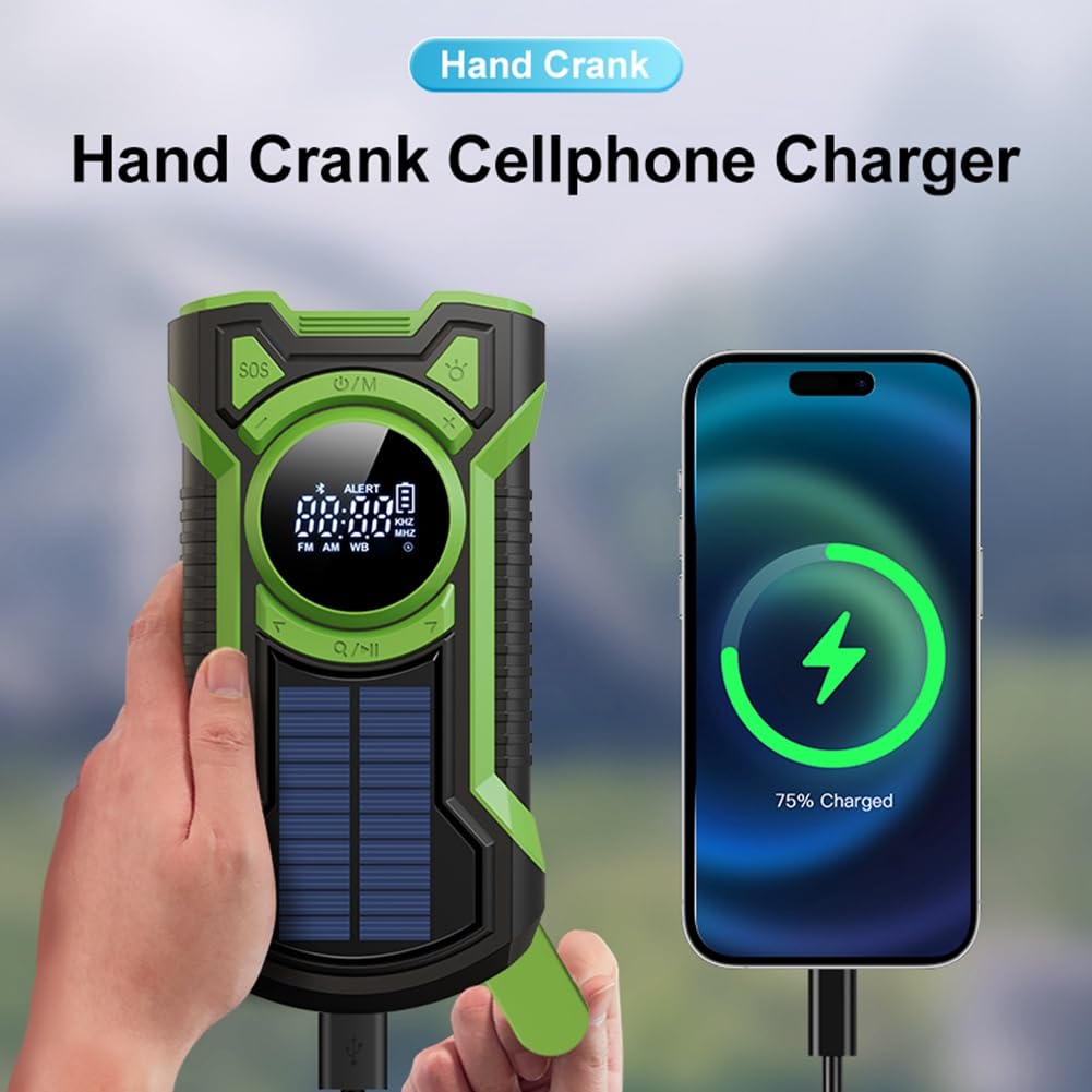 Paociuro Hand Crank Emergency Radio - AM/FM/Solar Weather Radio with LED Flashlight, Bluetooth 5.0 Speaker & USB Charger - Perfect for Outdoor Camping, Hiking, Emergency Preparedness and Power Outages