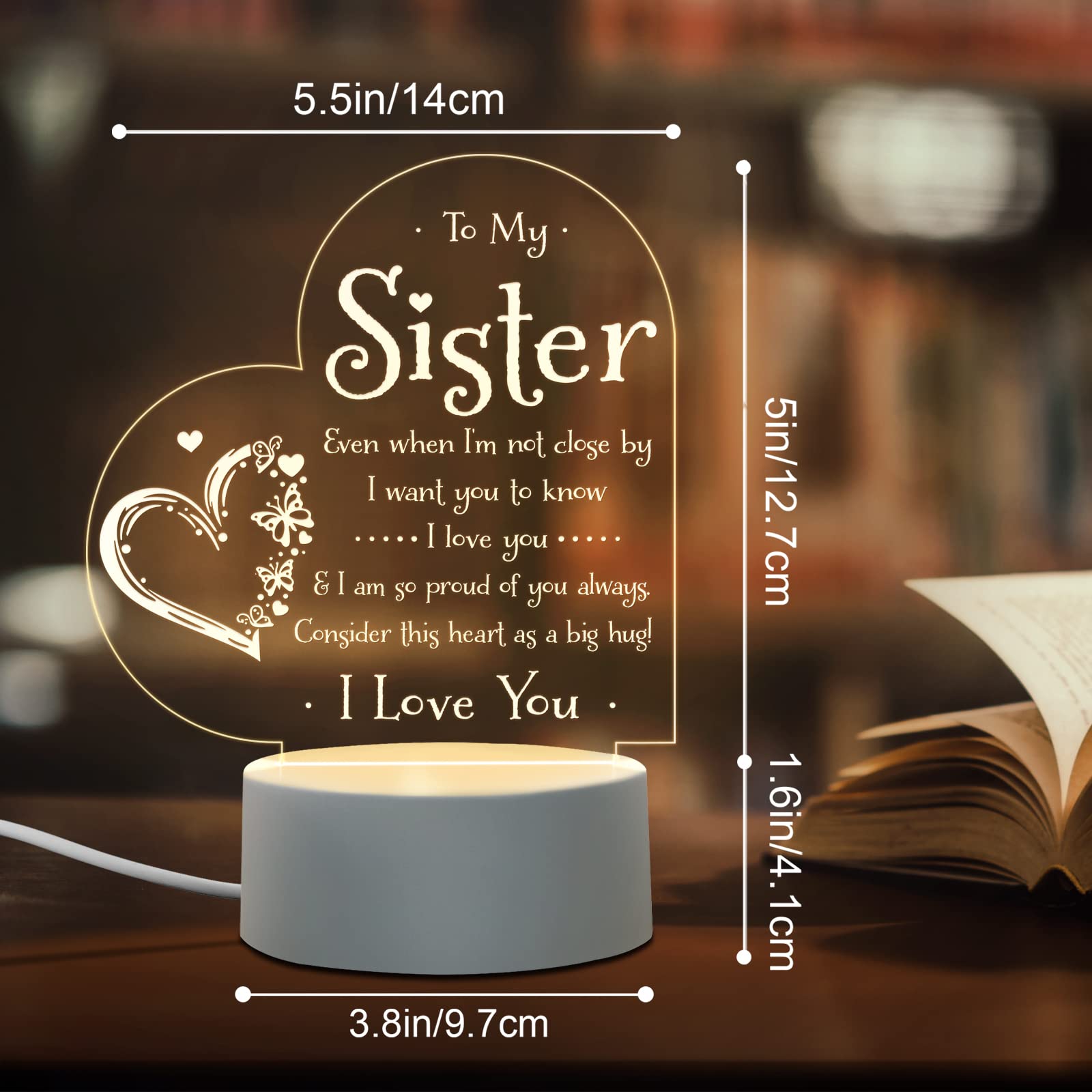 Personalized Sister Night Light - Custom Engraved Birthday Gift for Sister, Mothers Day, Graduation, Wedding & Christmas - Heartwarming Bedside Lamp for Sister from Brother/Sister - Perfect for Bedroom, Nursery & Gift Giving Occasions