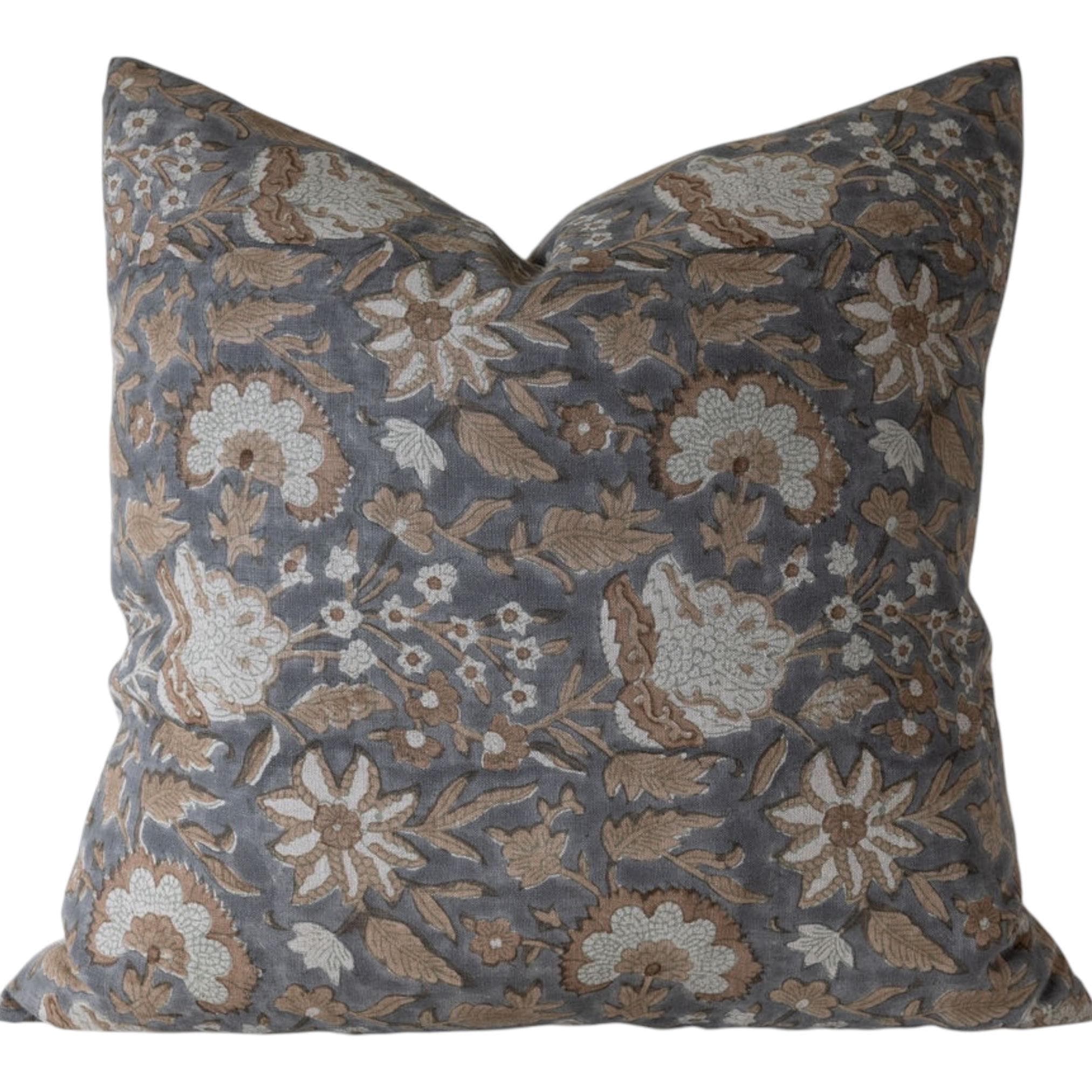 Trenton Block Print Floral Pillow Cover - Handmade Designer Cushion Case for Sofa, Bed & Home Decor - Perfect for Boho, Farmhouse & Modern Living Room Style