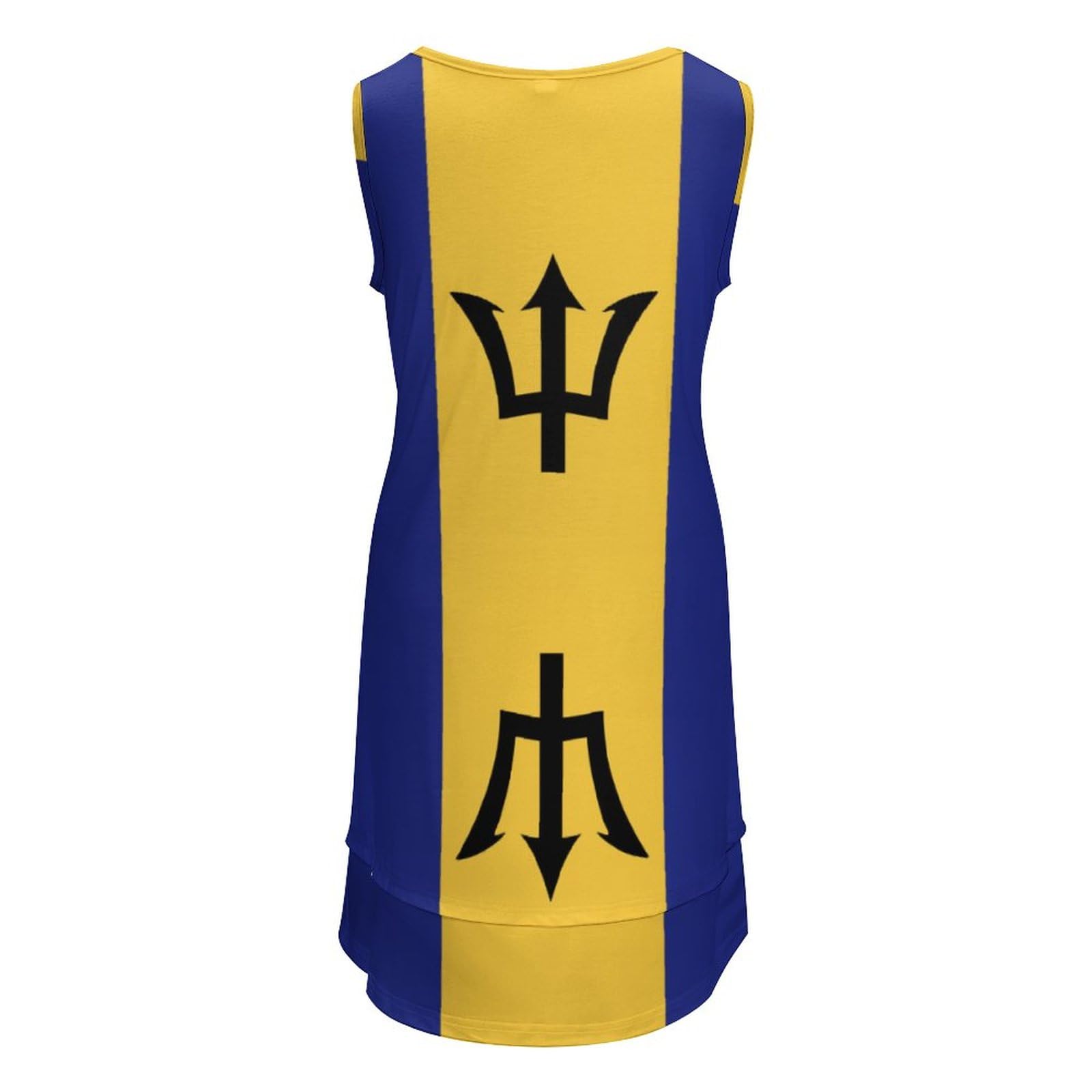 TAIZIYEAH Women's Barbados Flag Print Casual Sleeveless U-Neck Fake Two Piece Summer Dress - Beach Vacation, Tropical Party & Patriotic Outfit