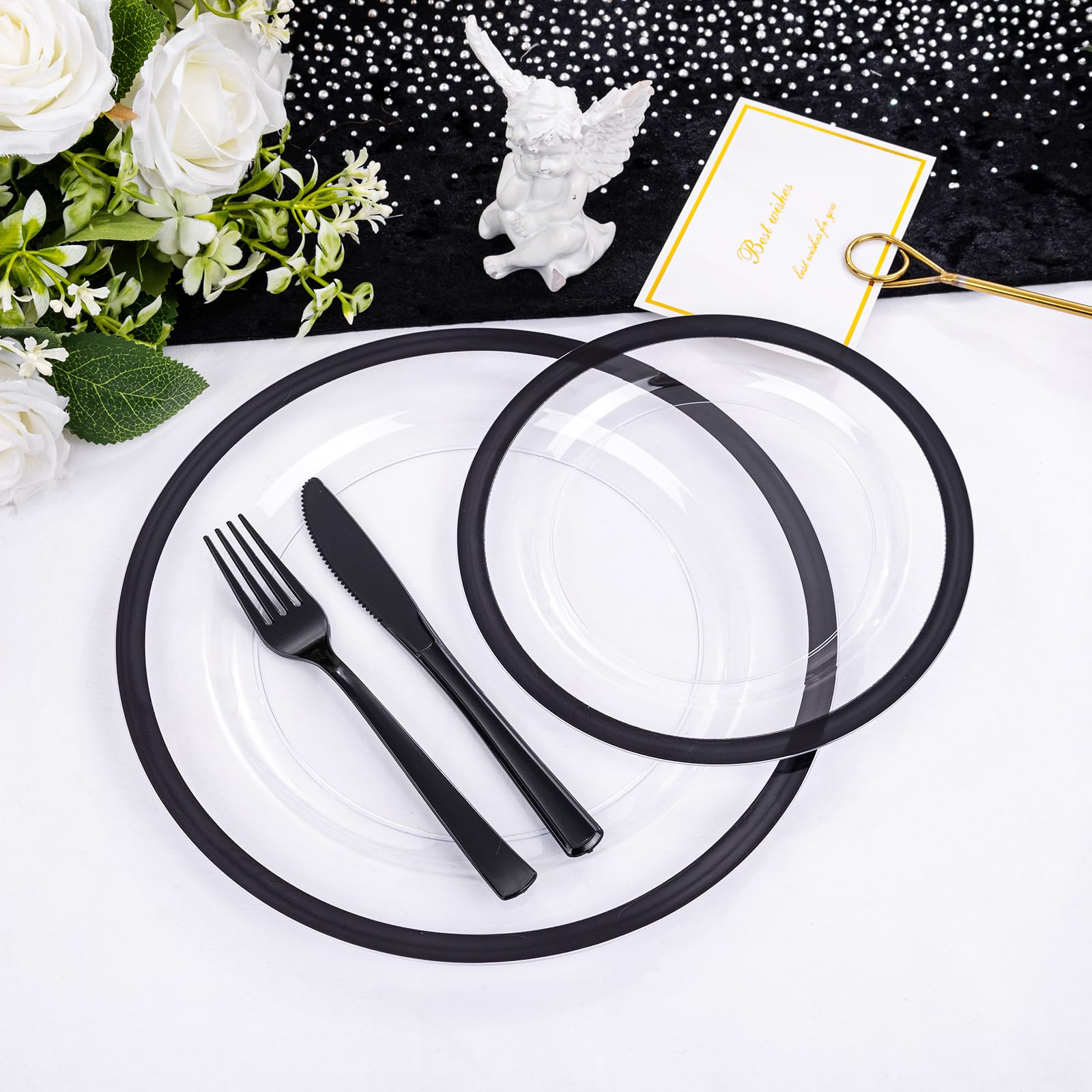 210-Piece Clear & Black Disposable Plastic Plates Set - 30 Dinner Plates, 30 Dessert Plates, 30 9oz Cups & 30 Pre-Rolled Napkins with Cutlery for New Year Parties, Birthday Celebrations & Family Gatherings
