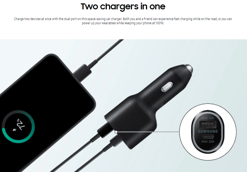 Samsung 45W + 15W Fast Car Charger DUO with USB-C Cable - Super Fast Charging for Samsung Galaxy S23/S22/Note20 & iPhone 15/14 - Perfect for Road Trips & Daily Commute