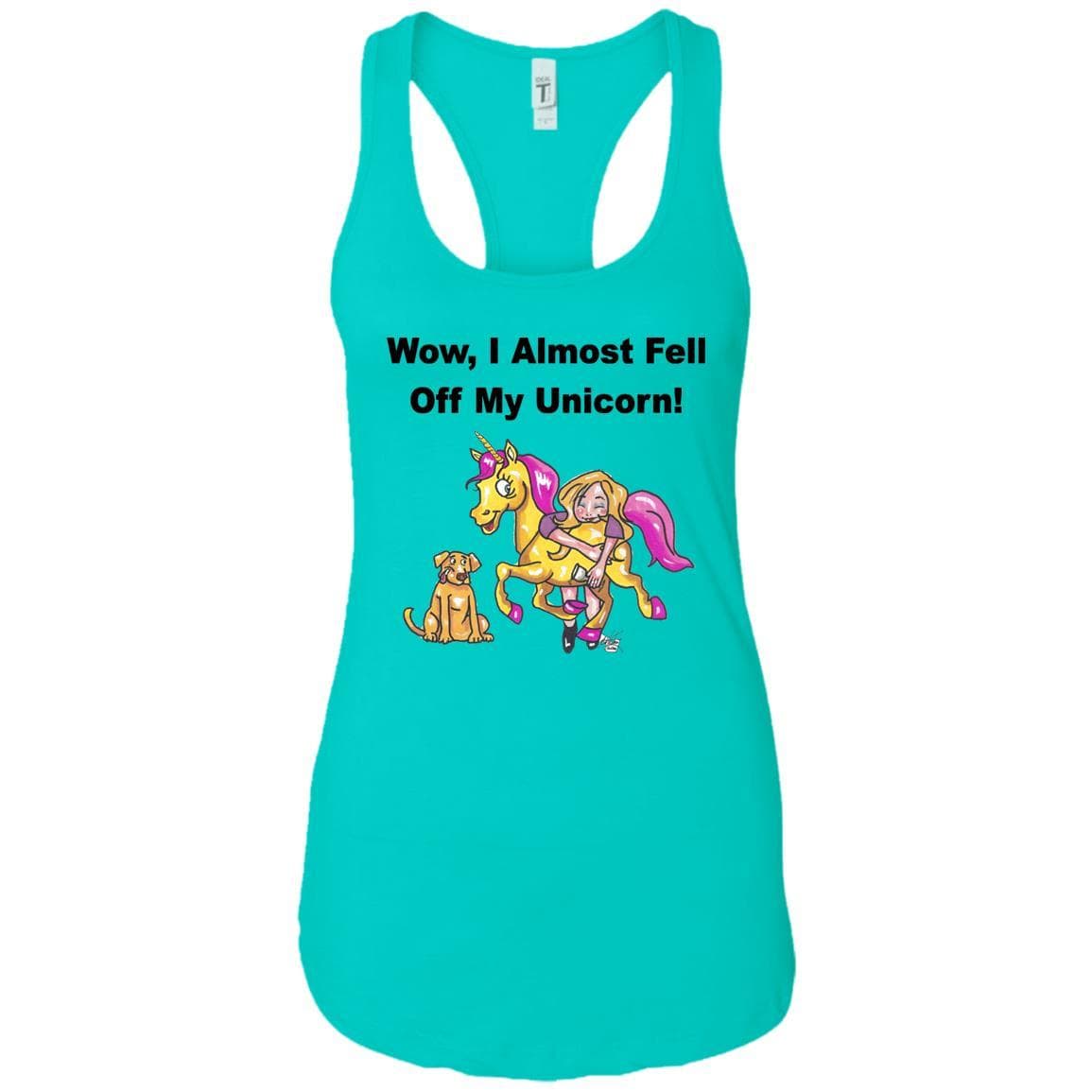 Wow I Almost Fell Off My Unicorn Racerback Tank Top - Funny Sarcastic Women's Graphic Tee - Soft Comfortable Workout & Lounge Wear - Perfect for Gym, Yoga & Casual Outfits