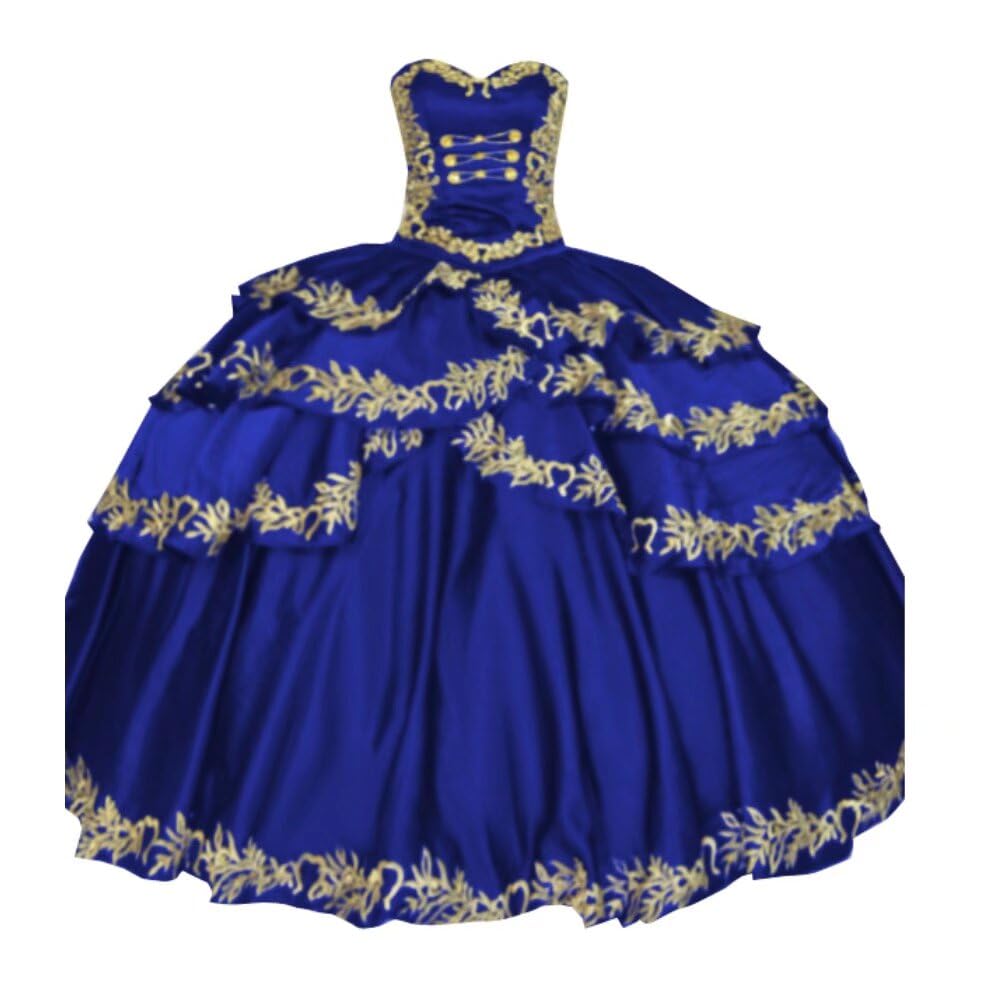 Sweetheart Satin Ball Gown Quinceanera Dress - Mexican Gold Embroidered Sweet 16 Prom Dress with Layered Corset for 2025 | Perfect for Quinceañeras, Sweet 16 Parties, Prom Nights & Formal Events