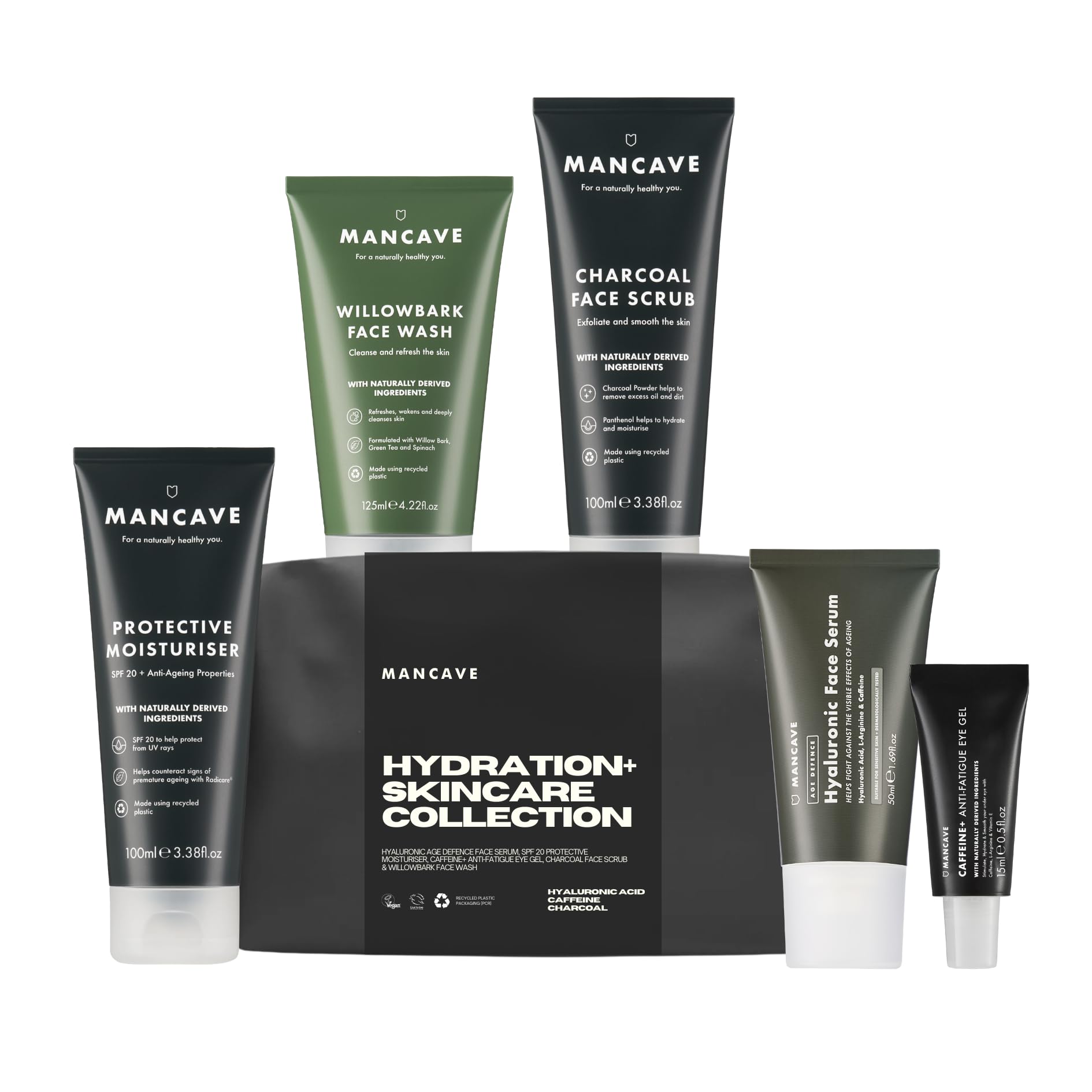 ManCave Hydration+ Skincare Gift Set for Men - SPF 20 Moisturizer, Face Wash, Exfoliating Scrub, Hyaluronic Serum & Eye Gel | Dermatologist Tested, Vegan & Natural | Perfect for Daily Skincare Routine & Travel Essentials