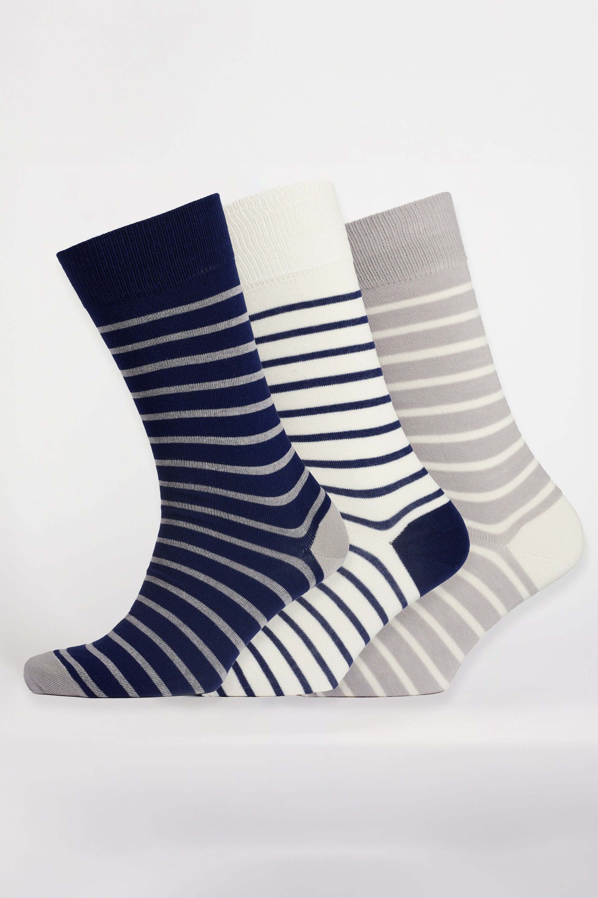 Breton Striped Cotton Socks 3-Pack - Navy, Grey & White - Soft Everyday Crew Socks for Men & Women - Perfect for Casual Wear, Work & Travel