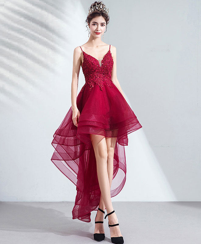 Elegant Burgundy Tulle Lace High-Low Prom Dress for Homecoming | Formal Evening Gown for Special Occasions, Dances & Parties