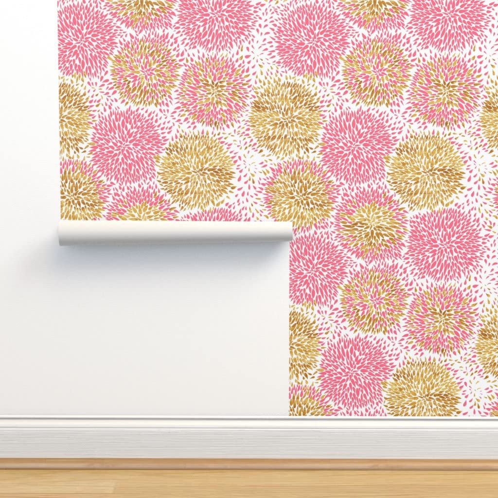 12ft x 2ft Removable Gold Floral Wallpaper - Bohemian Watercolor Balloon Design for Girls Room, Nursery, Spring Home Decor | Easy Peel & Stick Application by Spoonflower