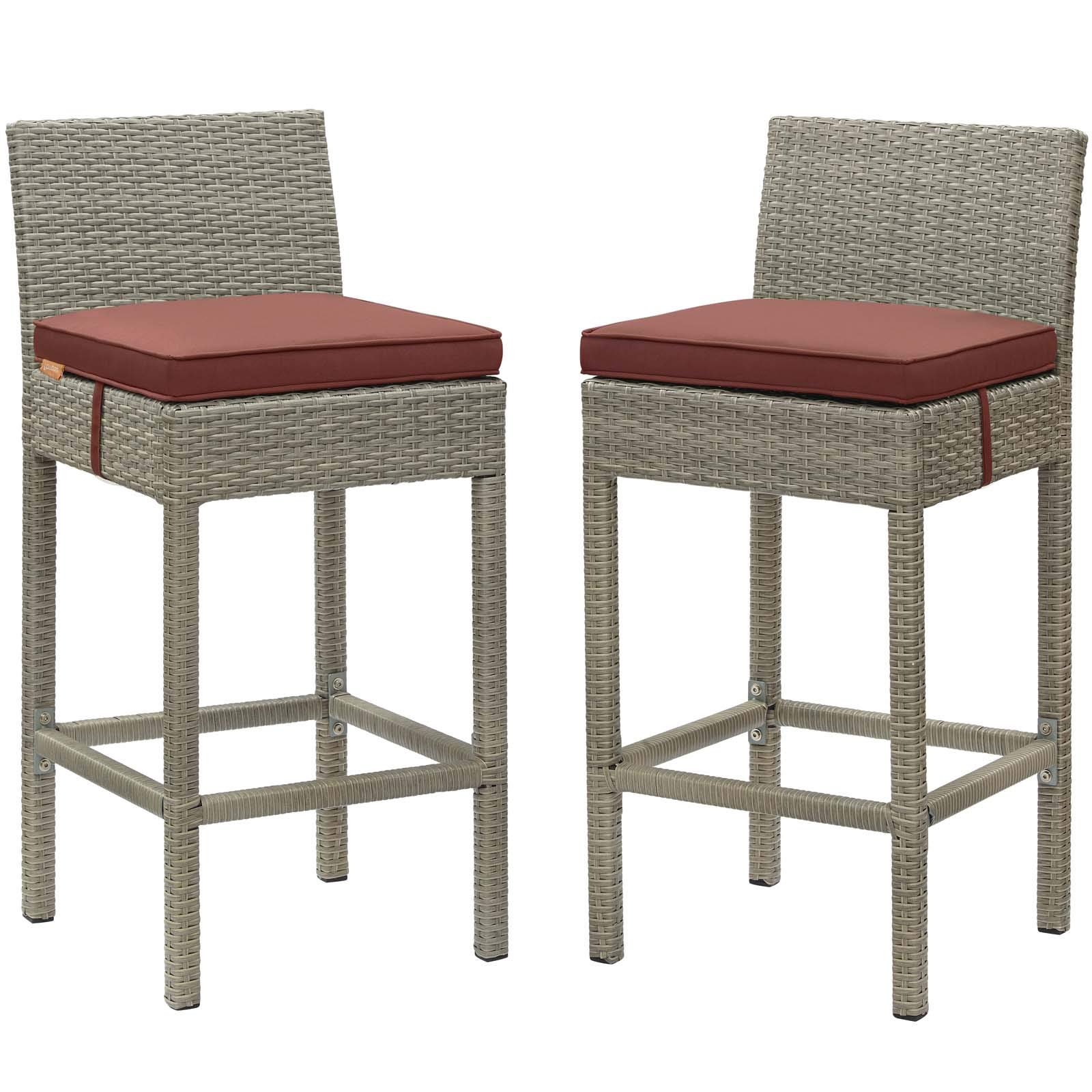 Modern Outdoor Patio Garden Bar Stool Set of Two, Dark Red Fabric Rattan Wicker Chairs for Backyard, Poolside, and Terrace Relaxation