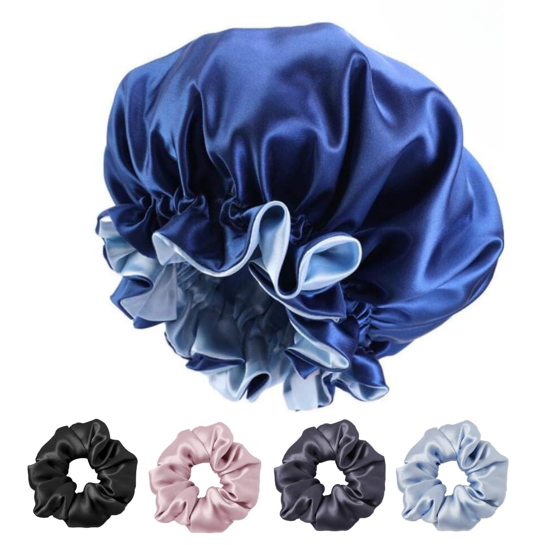 Attune Satin Silk Bonnet for Curly Hair & Sleeping - Adjustable Reversible Hair Cap with 4 Matching Scrunchies | Blue Satin Hair Wrap for Nighttime Protection & Styling