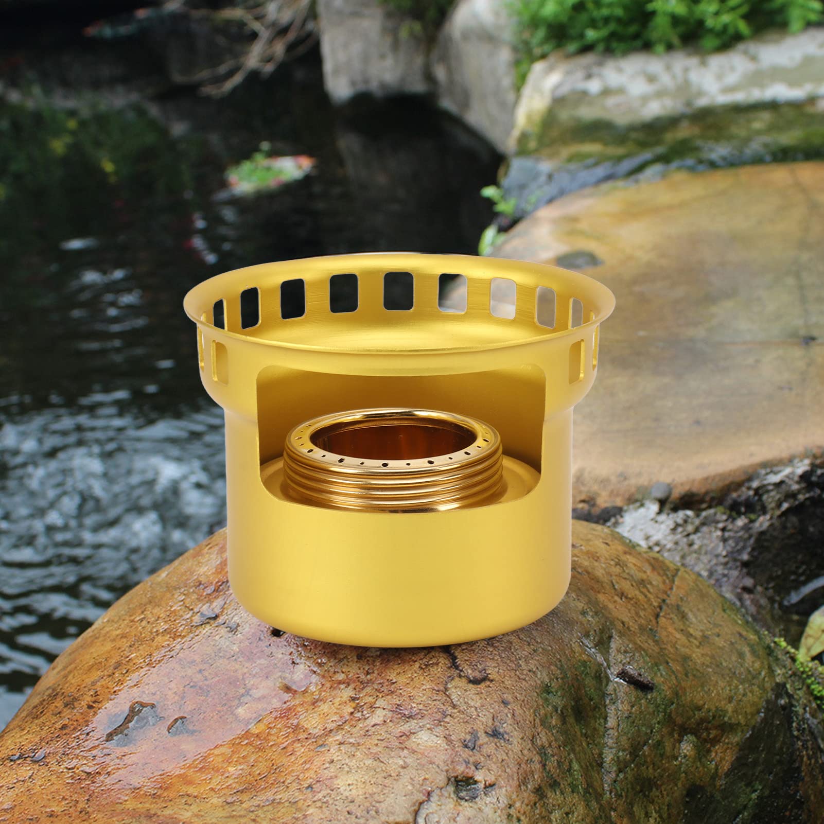 Portable Alcohol Stove for Backpacking & Camping - Windproof Brass Spirit Burner with Aluminum Stand | Lightweight Mini Stove for Hiking, Picnics & Outdoor Adventures (Golden)
