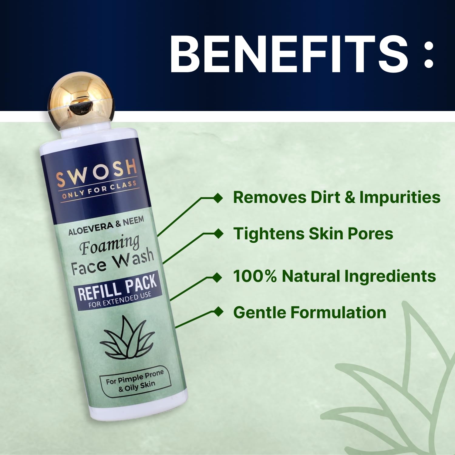 SWOSH Skincare Combo Pack: Aloe Vera Foaming Face Wash Refill (200ml) for Normal to Oily Skin + 1% Hyaluronic Acid Serum (30ml) for Anti-Aging, Wrinkle & Fine Line Reduction - Daily Hydrating & Brightening Routine for Youthful Glow