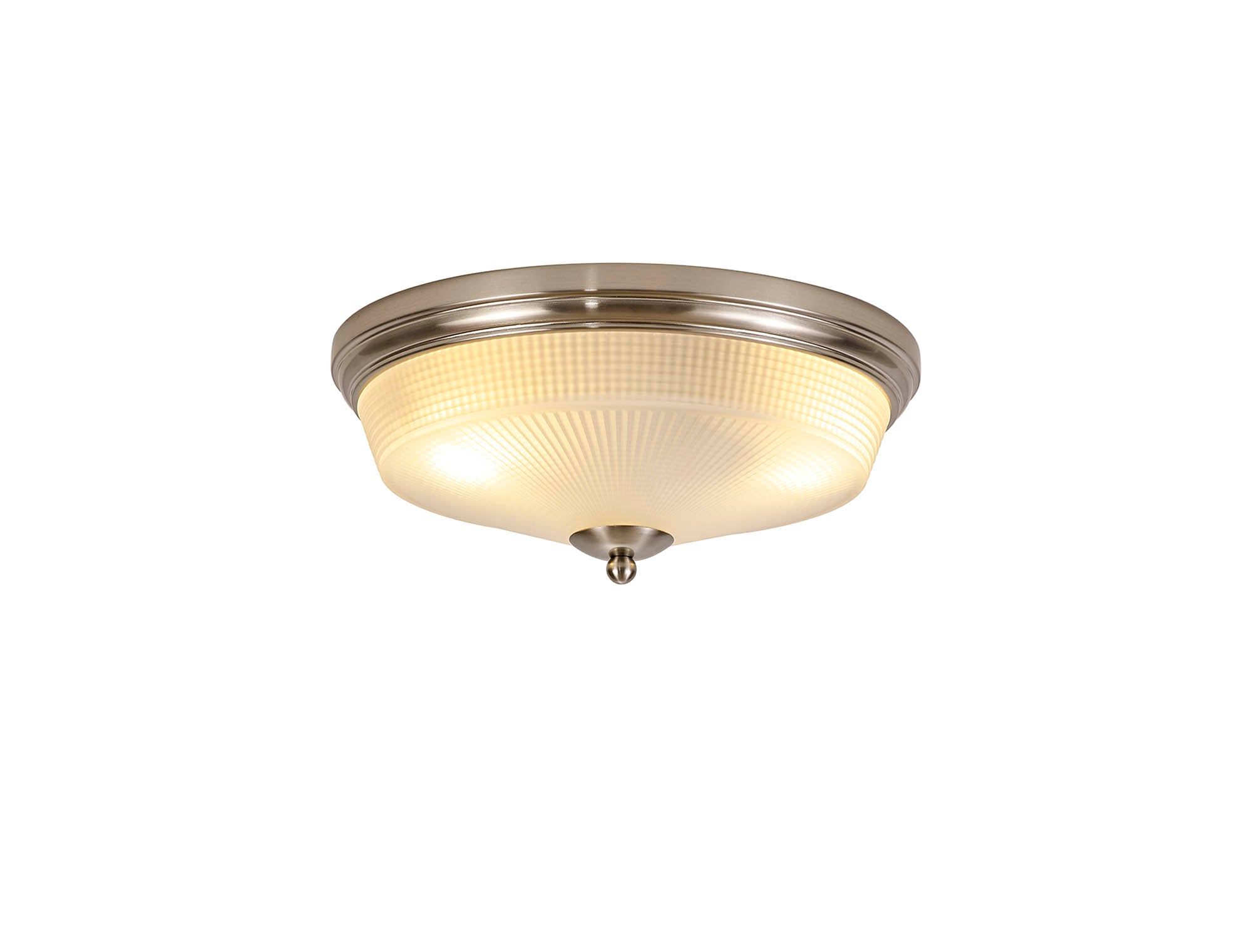 Cleron 2-Light E27 Flush Mount Ceiling Light Fixture - Antique Brass, Satin Nickel, Polished Nickel Finish with Prismatic Glass Shade - Perfect for Bedroom, Living Room, and Hallway Lighting