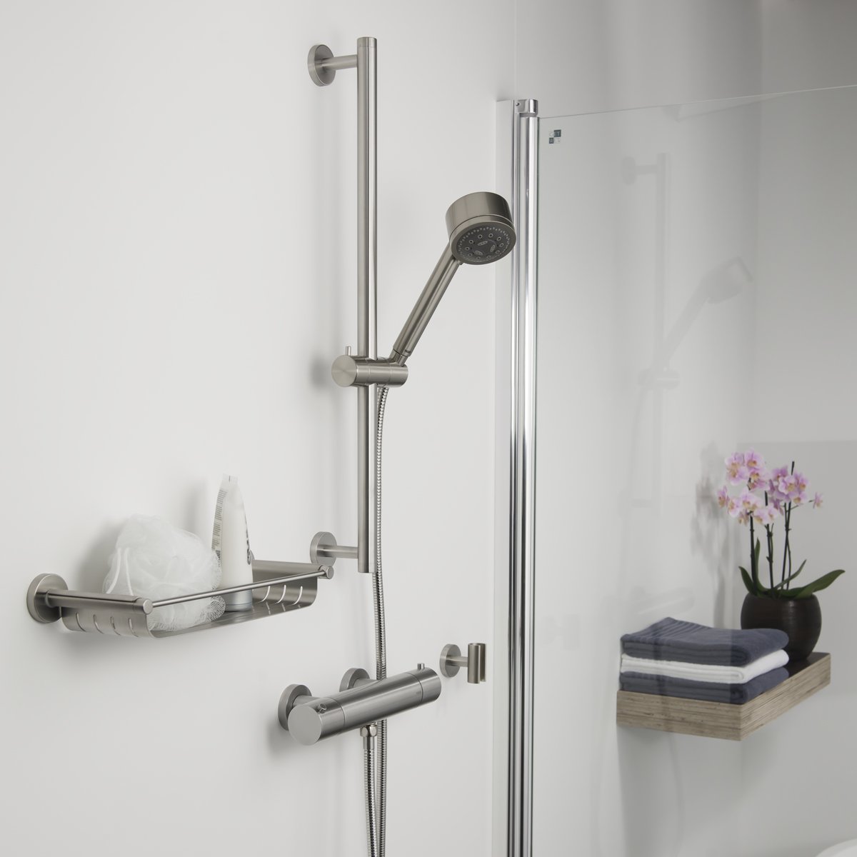 Premium Boston Shower Set with Massage Function - Brushed Stainless Steel - 13.9