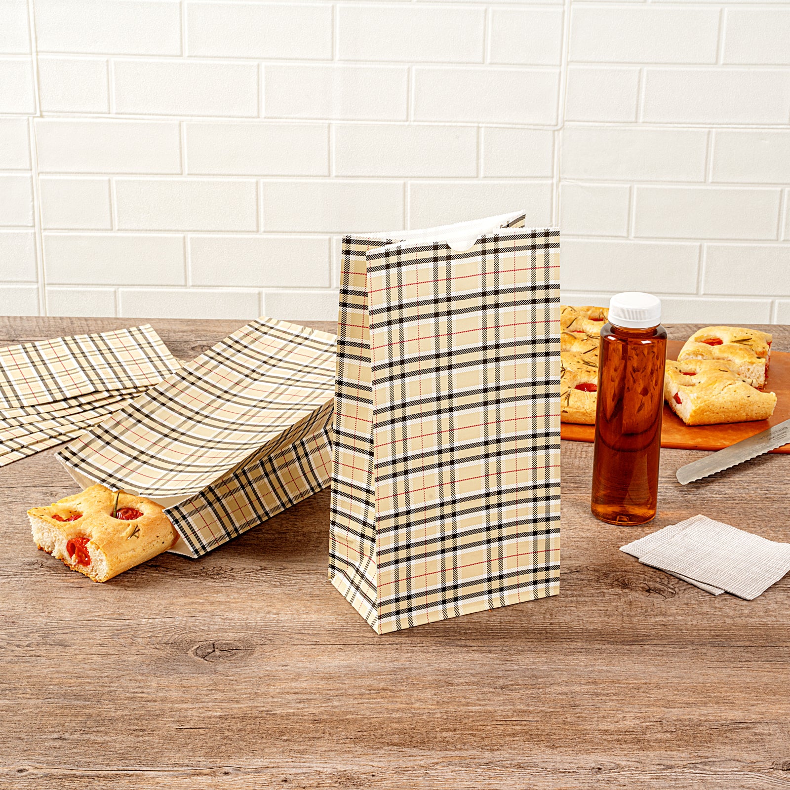 Eco-Friendly Plaid Paper Bags 6lb Capacity - 6x3.5x10.75 Inches - Pack of 100 - Perfect for Retail Shopping, Gift Wrapping & Party Favors