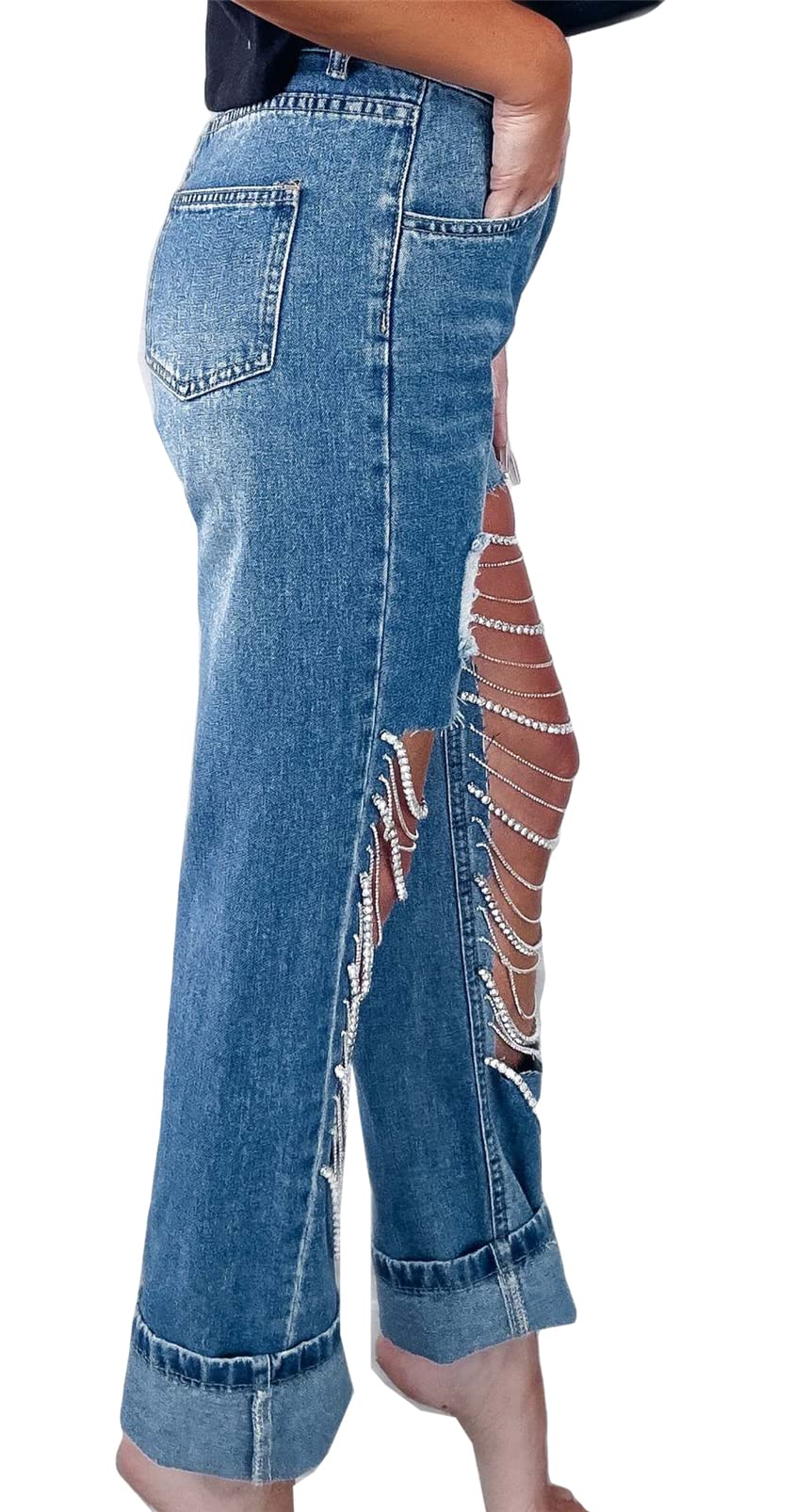 Hotheart Women's Sexy Ripped Distressed Rhinestone Chain Denim Jeans - Trendy Party Clubwear for Night Out & Casual Street Style