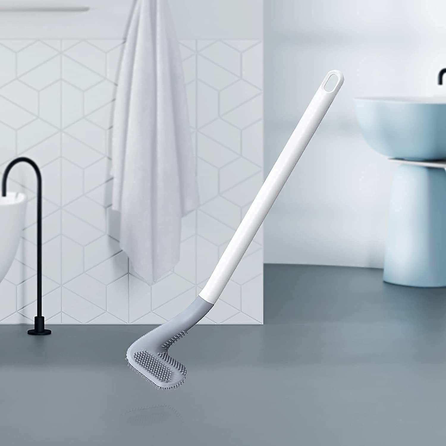 Flexible Silicone Toilet Brush with Non-Slip Long Handle - Bendable Golf Head Design for Deep Cleaning - Bathroom Essentials for Home, RV & Boat - 1 Pack