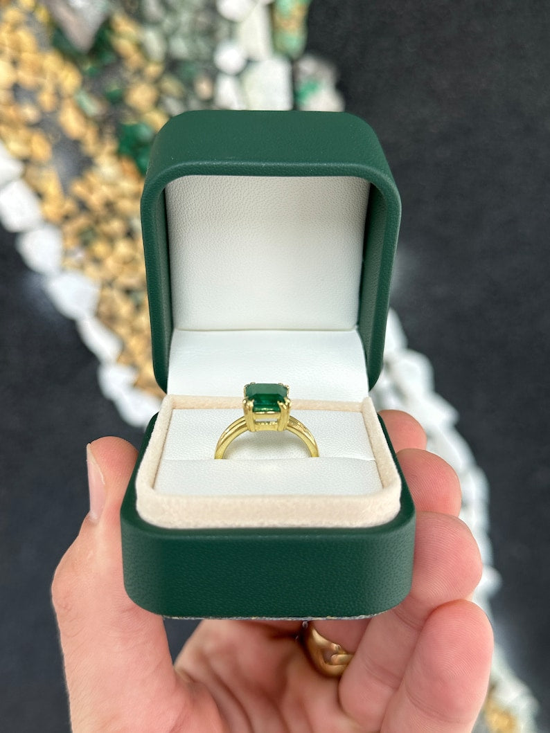 3.28ct 18K Gold Deep Dark Green Emerald Cut Solitaire Ring with 4 Double Prong Setting - Elegant Jewelry for Weddings, Engagements & Special Occasions