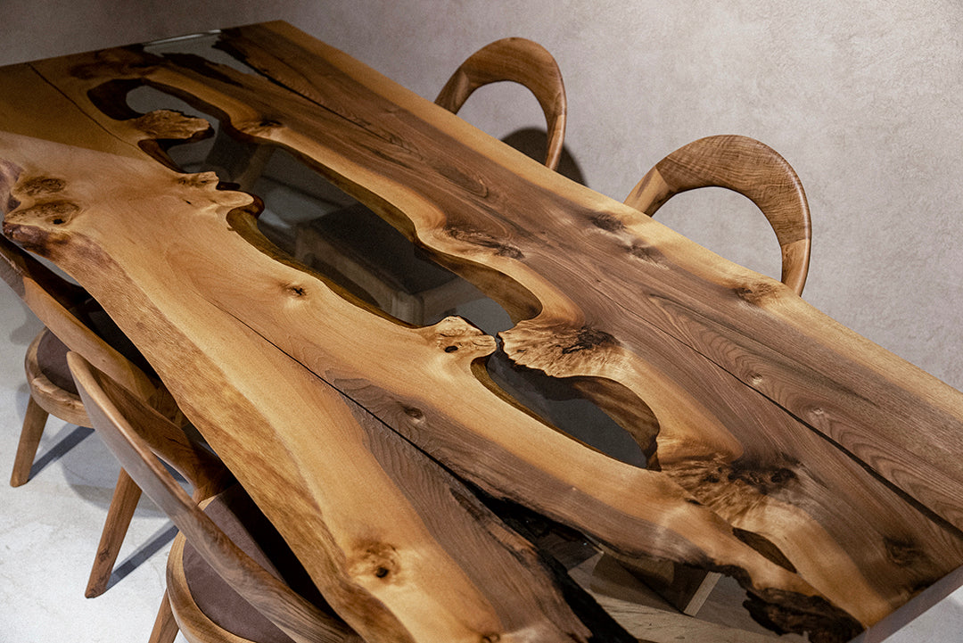 Handmade Live Edge Walnut Wood Epoxy Resin River Dining Table - Rustic Modern Farmhouse Style for Dining Room, Kitchen, or Office Conference Table