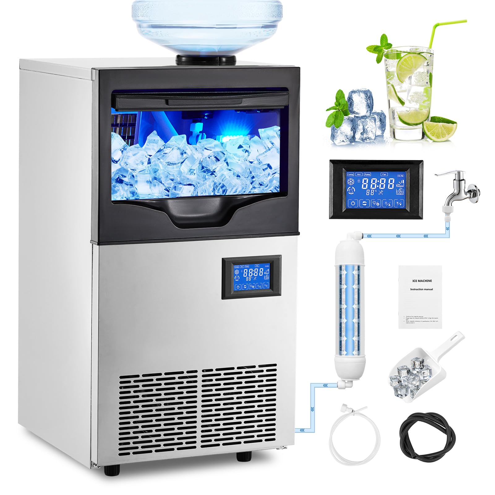 140LBS/24H Commercial Ice Maker Machine with 2 Water Inlets, Freestanding Ice Machine with 22 lbs Storage Bin - Includes Ice Scoop & Water Filter - Perfect for Home, Office, Restaurant, Bar, Cafe & Commercial Use