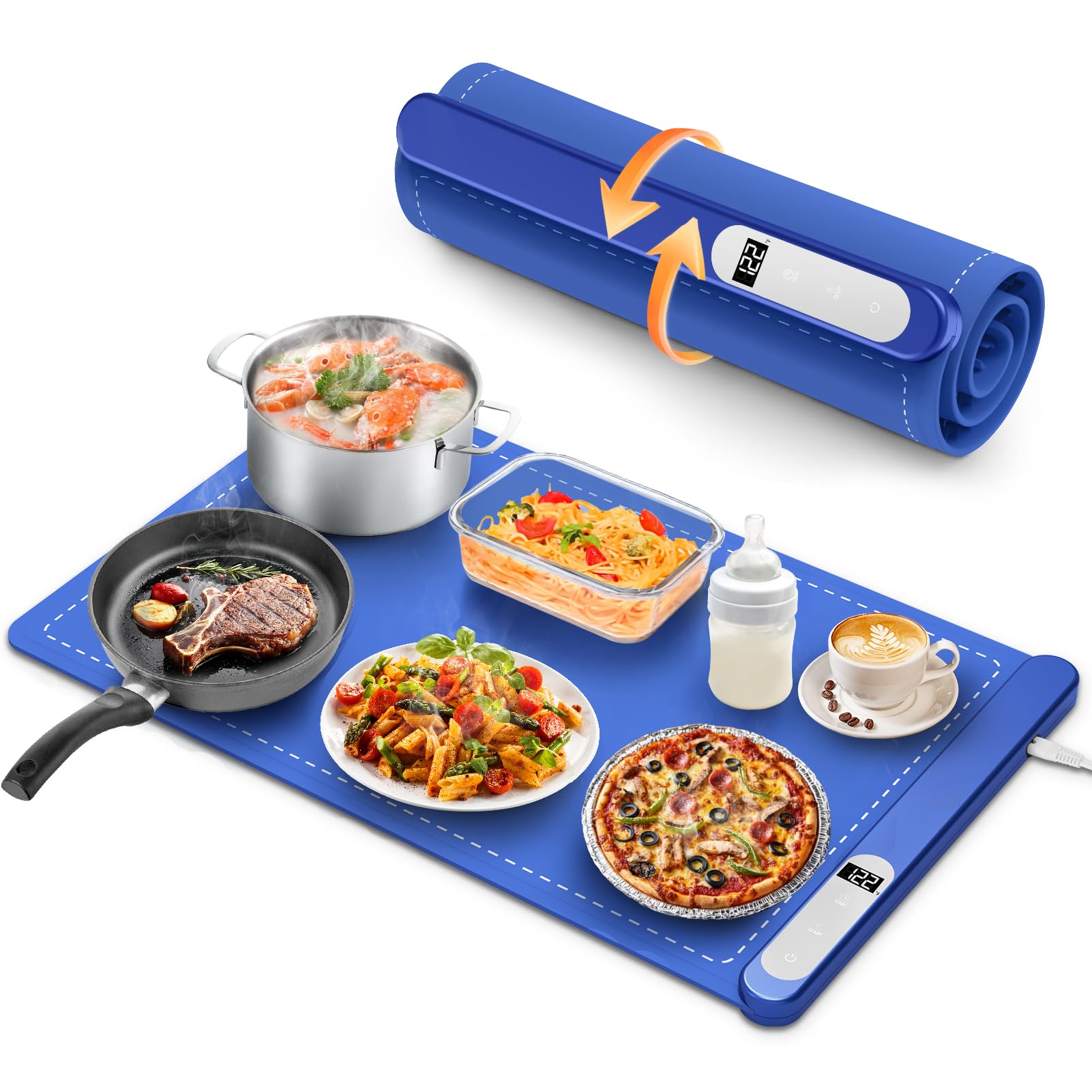 Electric Warming Tray with 6H Timer - Full Surface Heating Food Warmer, 6 Temperature Settings Portable Warming Mat for Buffet, Parties, Office & Home Use - Silicone Heating Mat for Keeping Meals Warm at Dinner Parties, Holiday Gatherings & Everyday Dining