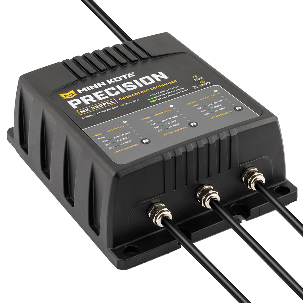 Minn Kota On Board Precision Charger MK 330 PCL - 3 Bank 10 AMP Lithium Battery Charger for Boats, Marine & RV Use - Optimized for Deep Cycle Batteries