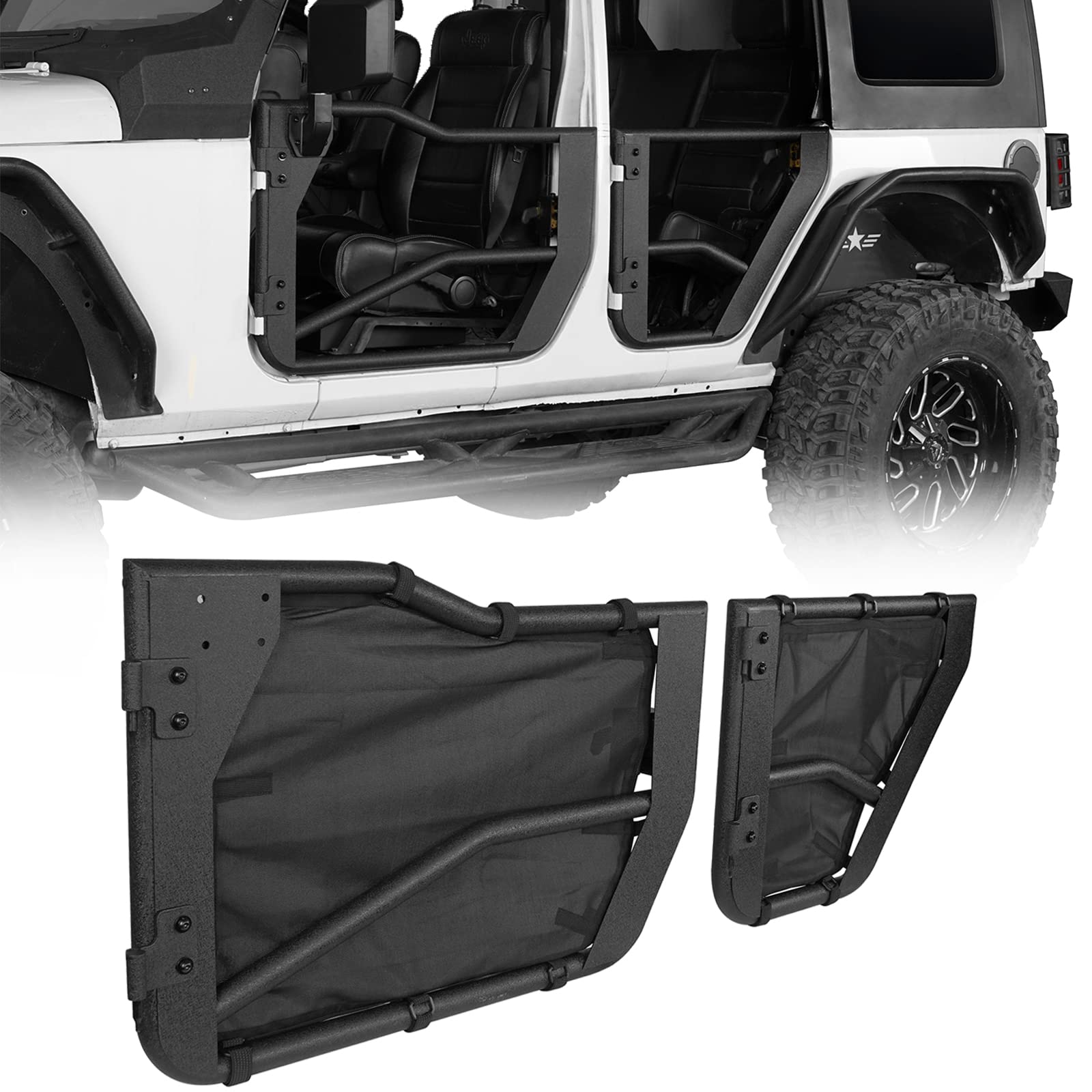 Hooke Road Wrangler JK 4-Door Tube Half Doors for 2007-2018 Jeep Wrangler JK Unlimited - Off-Road Trail Doors Set of 4 with Black Shade Skin Mesh - Perfect for Jeep Adventures, Rock Crawling & Outdoor Exploration