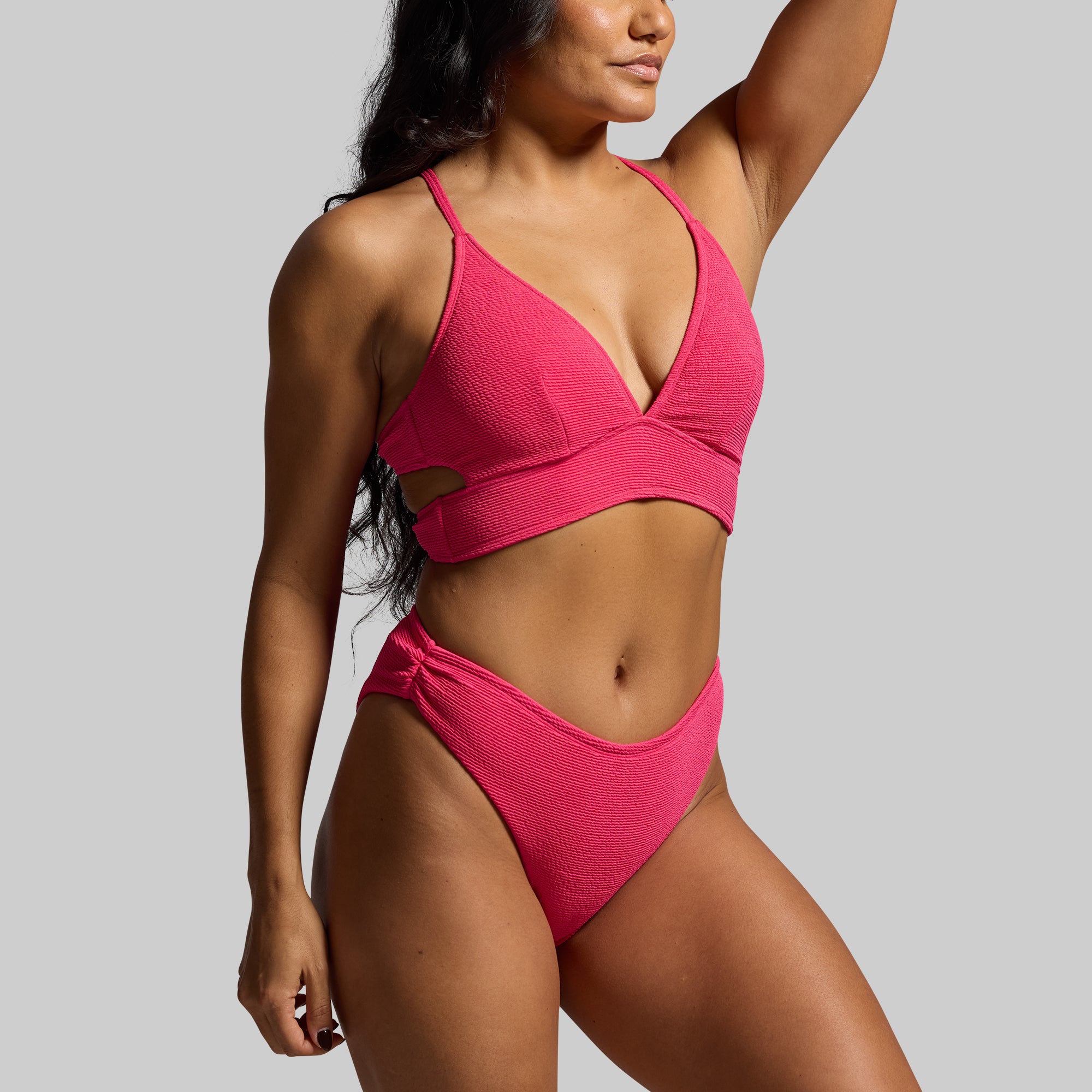 Solstice Crinkle Bikini Bottom - Raspberry Sorbet Color | High Waisted Swimwear for Women | Perfect for Beach Vacations & Pool Parties