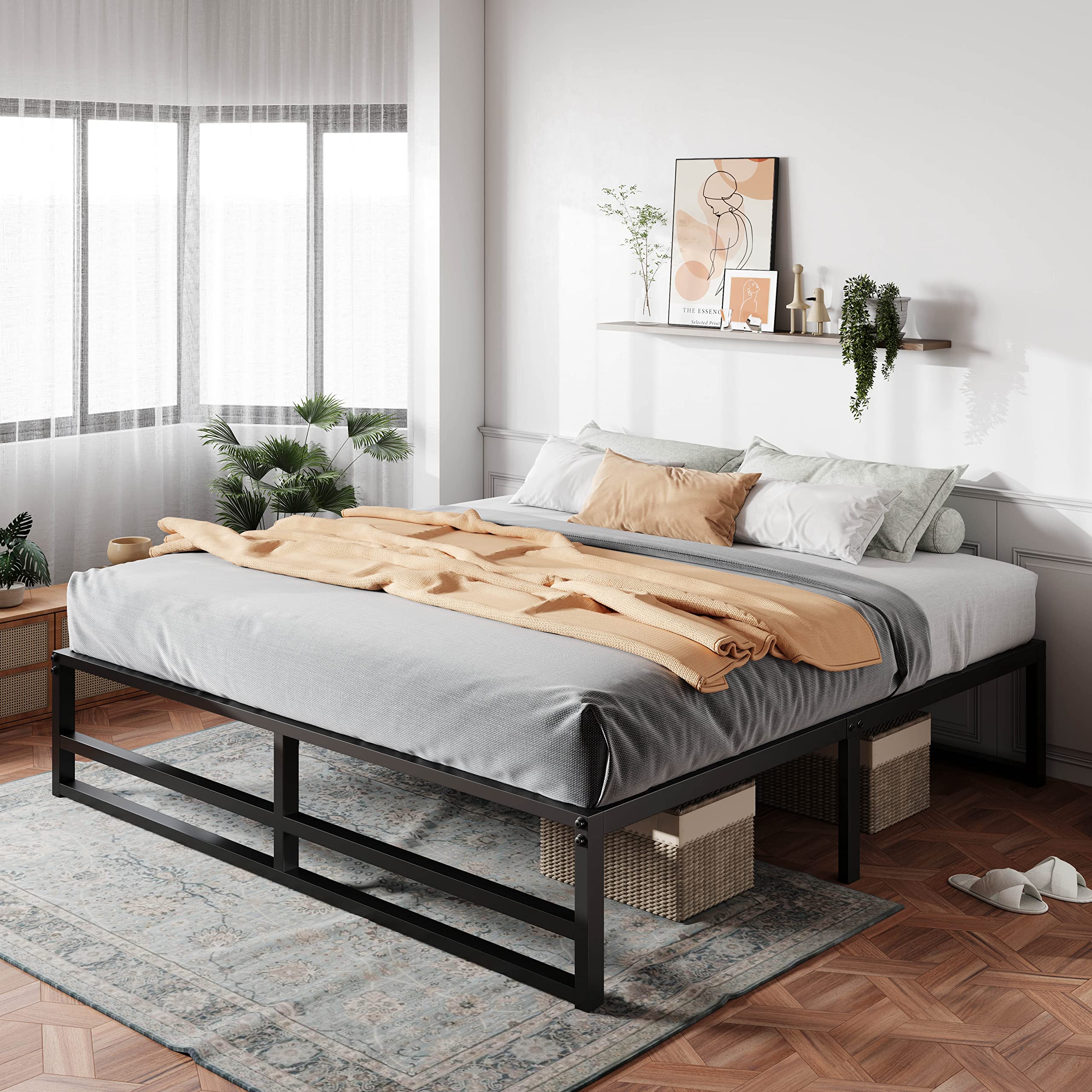 14'' Metal Platform King Bed Frame with Heavy Duty Steel Slats - No Box Spring Needed, Easy Assembly, Underbed Storage Space | Sturdy Mattress Foundation for Bedroom, Guest Room & Dorm