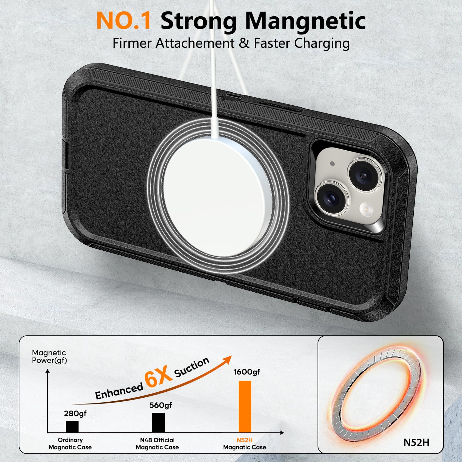 Heavy Duty Magnetic Phone Case with Belt Clip Holster - Shockproof Protective Cover for iPhone 13/14/15 (6.1 Inch) - Dark Black | Perfect for Outdoor Activities, Construction Work & Active Lifestyles
