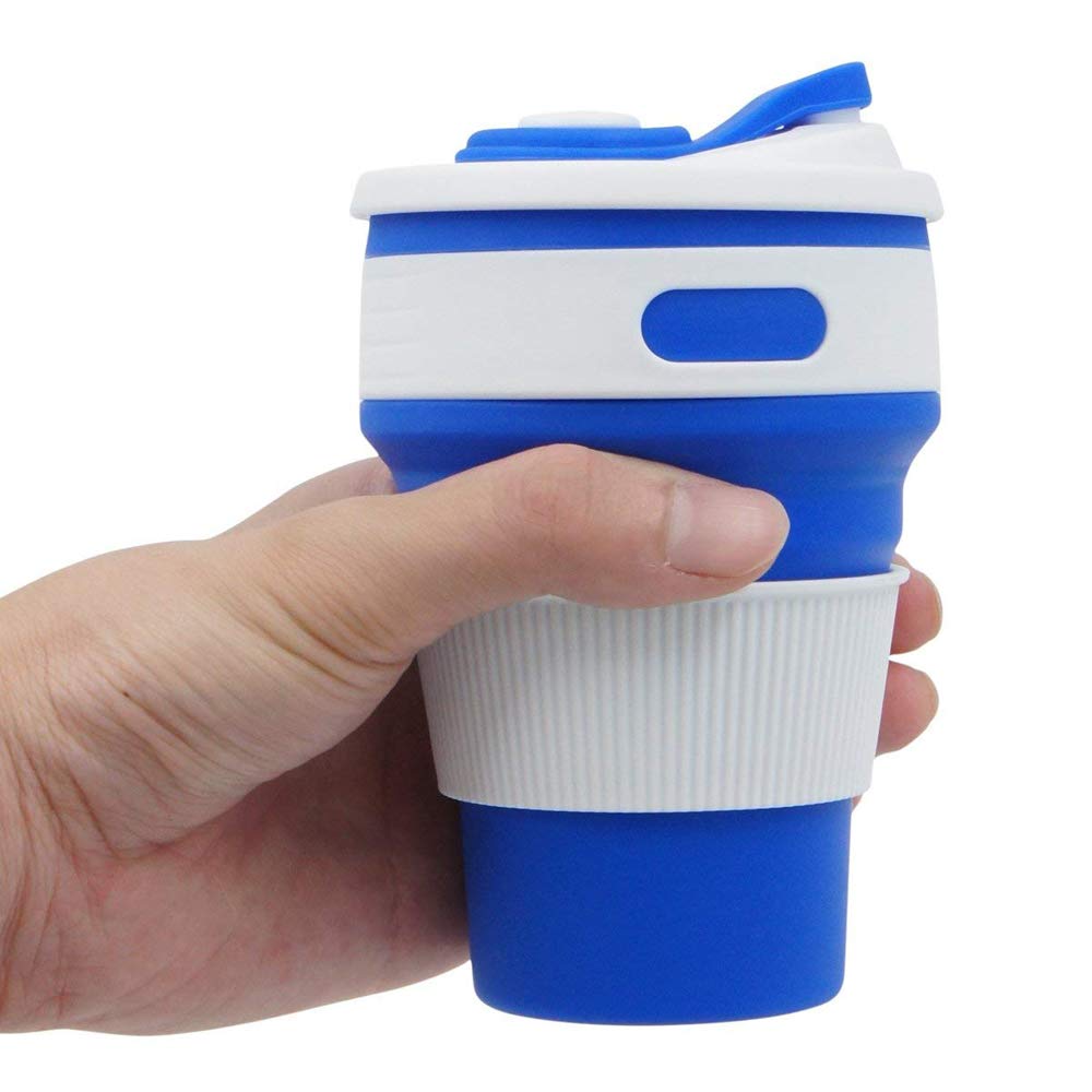 Fullgaden Collapsible Silicone Travel Cup with Lid - Portable Reusable Drinking Mug for Water, Coffee, Tea & Cold Beverages - Perfect for Hiking, Camping, Picnics & Outdoor Adventures - Blue